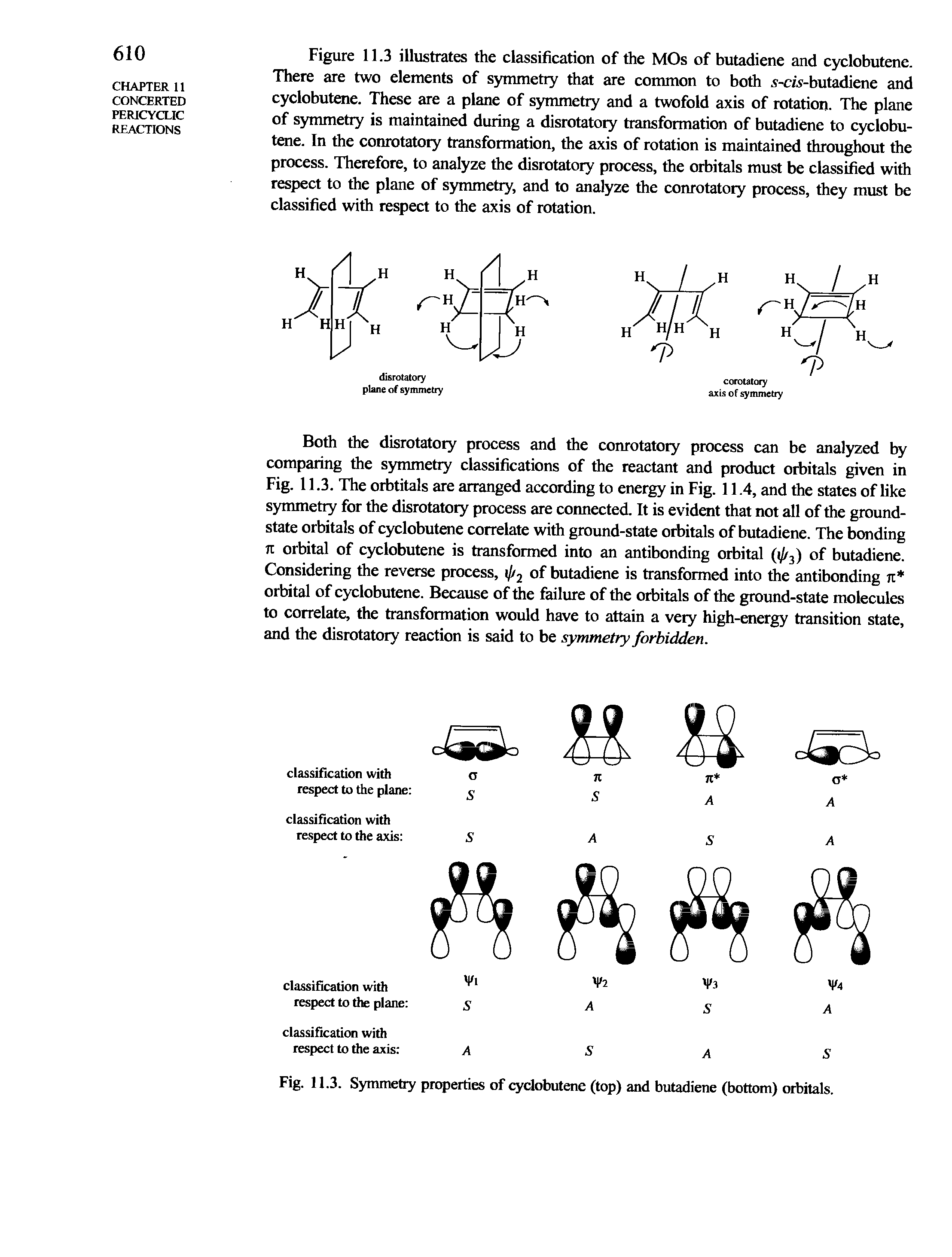Fig. 11.3. Symmetry properties of cyclobutene (top) and butadiene (bottom) orbitals.