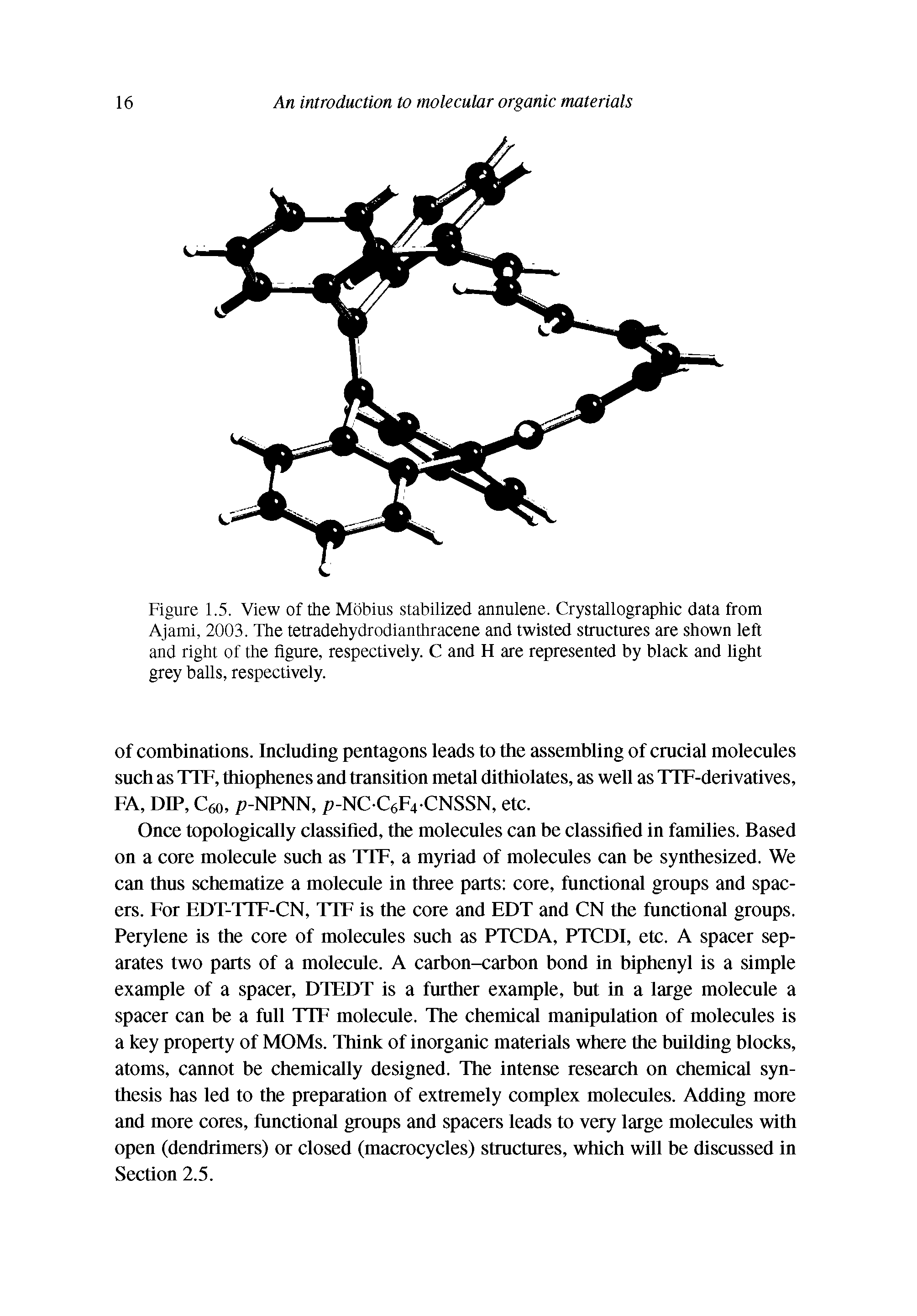 Figure 1.5. View of the Mobius stabilized annulene. Crystallographic data from Ajami, 2003. The tetradehydrodianthracene and twisted structures are shown left and right of the figure, respectively. C and H are represented by black and light grey balls, respectively.