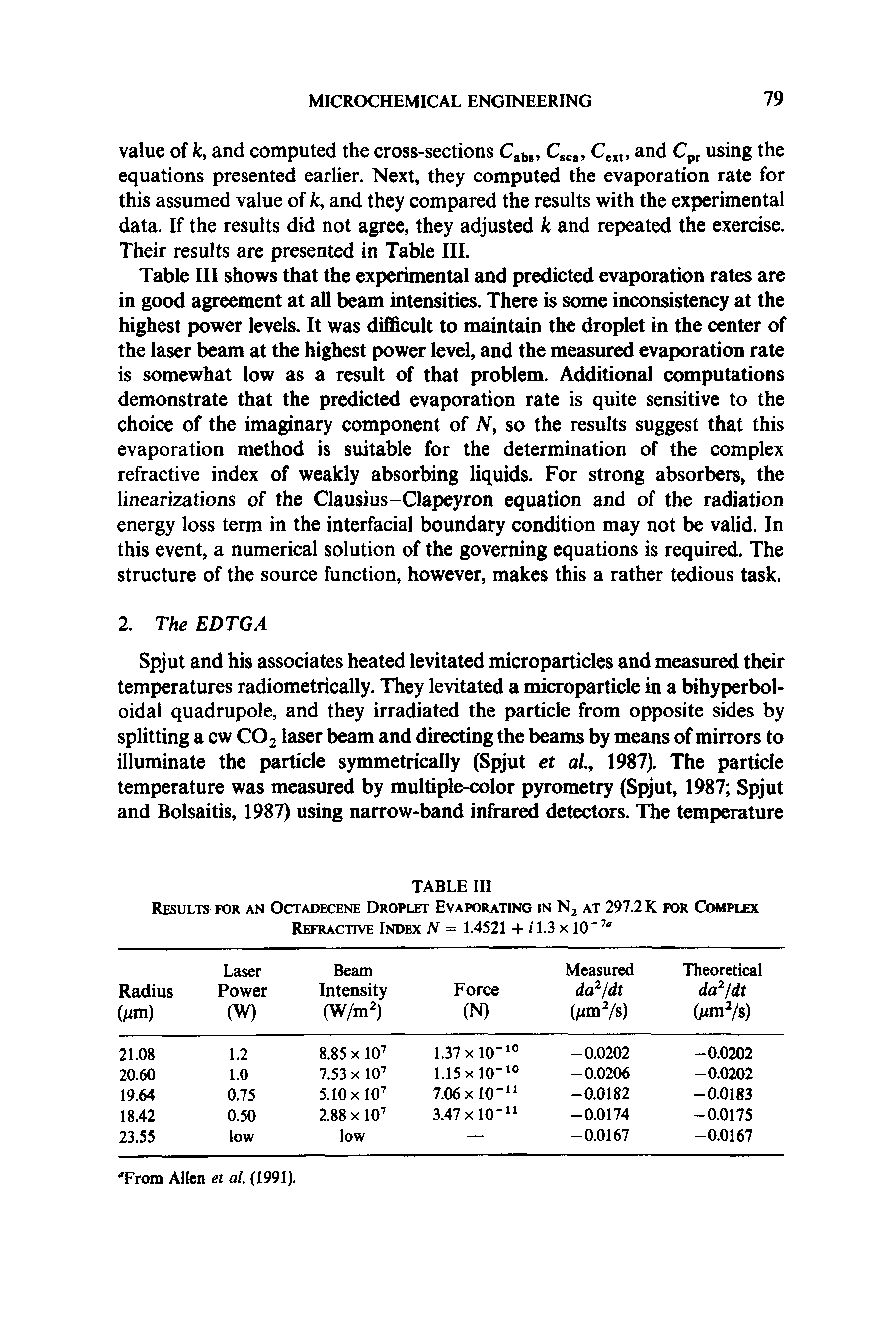 Table III shows that the experimental and predicted evaporation rates are in good agreement at all beam intensities. There is some inconsistency at the highest power levels. It was difficult to maintain the droplet in the center of the laser beam at the highest power level, and the measured evaporation rate is somewhat low as a result of that problem. Additional computations demonstrate that the predicted evaporation rate is quite sensitive to the choice of the imaginary component of N, so the results suggest that this evaporation method is suitable for the determination of the complex refractive index of weakly absorbing liquids. For strong absorbers, the linearizations of the Clausius-Clapeyron equation and of the radiation energy loss term in the interfacial boundary condition may not be valid. In this event, a numerical solution of the governing equations is required. The structure of the source function, however, makes this a rather tedious task.