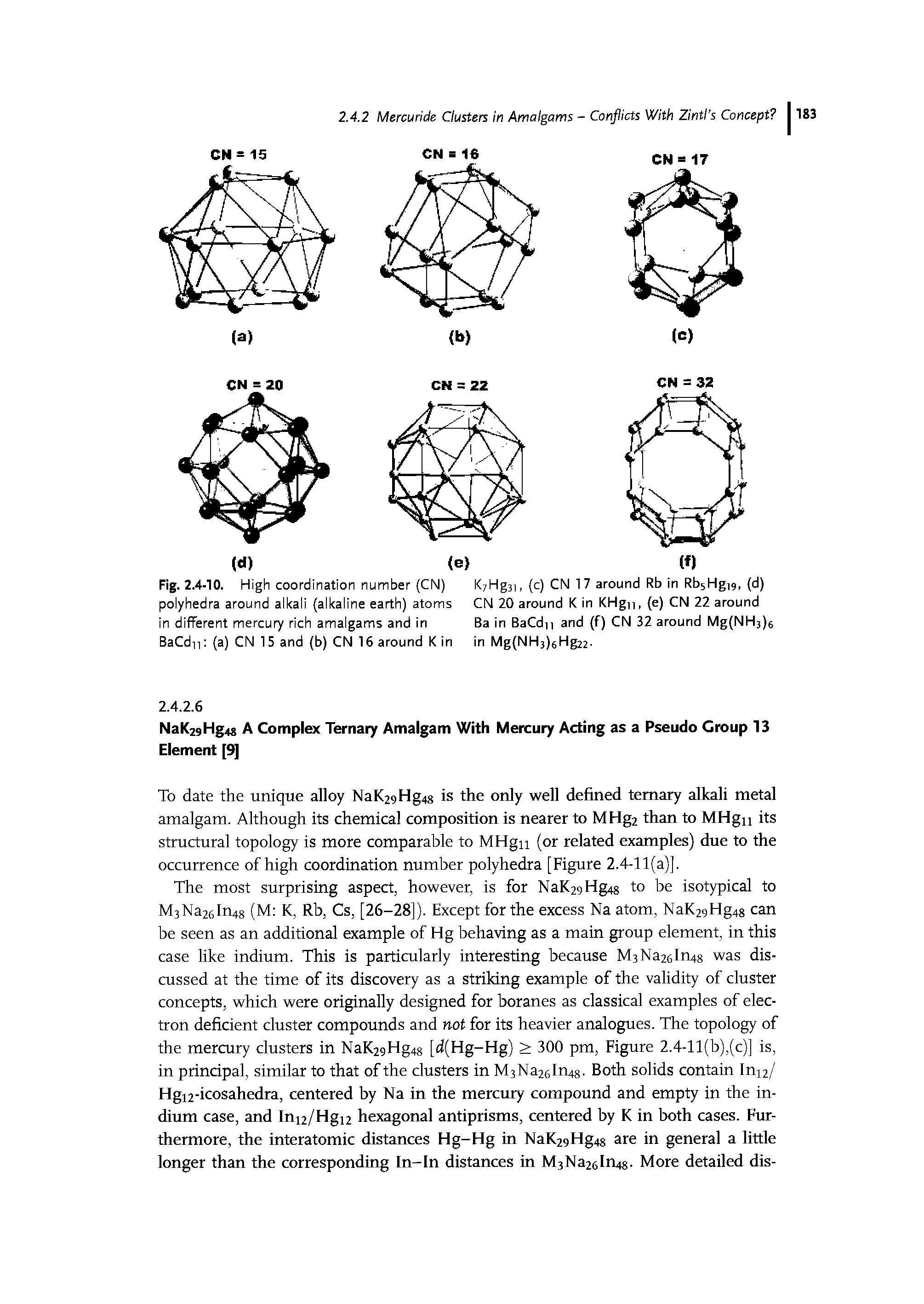 Fig. 2.4-10. High coordination number (CN) polyhedra around alkali (alkaline earth) atoms in different mercu7 rich amalgams and in BaCdn (a) CN 15 and (b) CN 16 around K in...