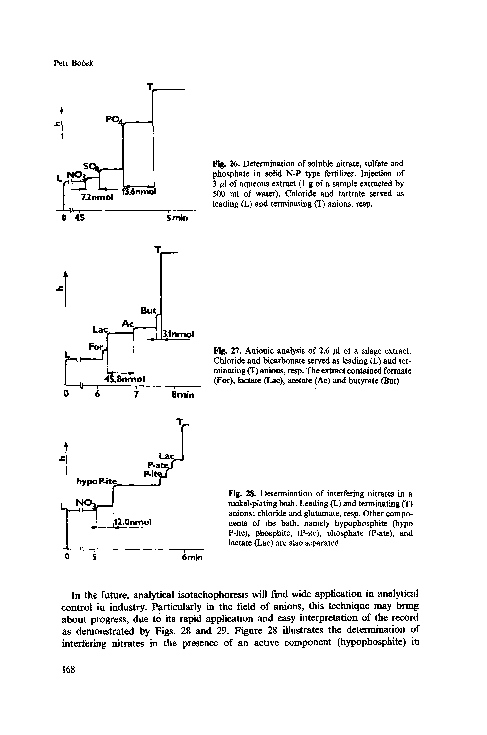 Fig. 26. Determination of soluble nitrate, sulfate and phosphate in solid N-P type fertilizer. Injection of 3 n of aqueous extract (1 g of a sample extracted by 500 ml of water). Chloride and tartrate served as leading (L) and terminating (T) anions, resp.