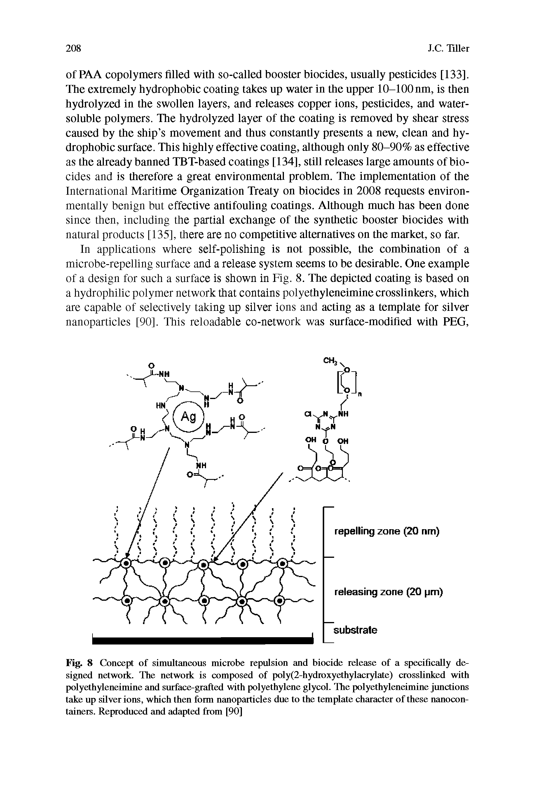 Fig. 8 Concept of simultaneous microbe repulsion and biocide release of a specifically designed network. The network is composed of poly(2-hydroxyethylacrylate) crosslinked with polyethyleneimine and surface-grafted with polyethylene glycol. The polyethyleneimine junctions take up silver ions, which then form nanoparticles due to the template character of these nanocontainers. Reproduced and adapted from [90]...