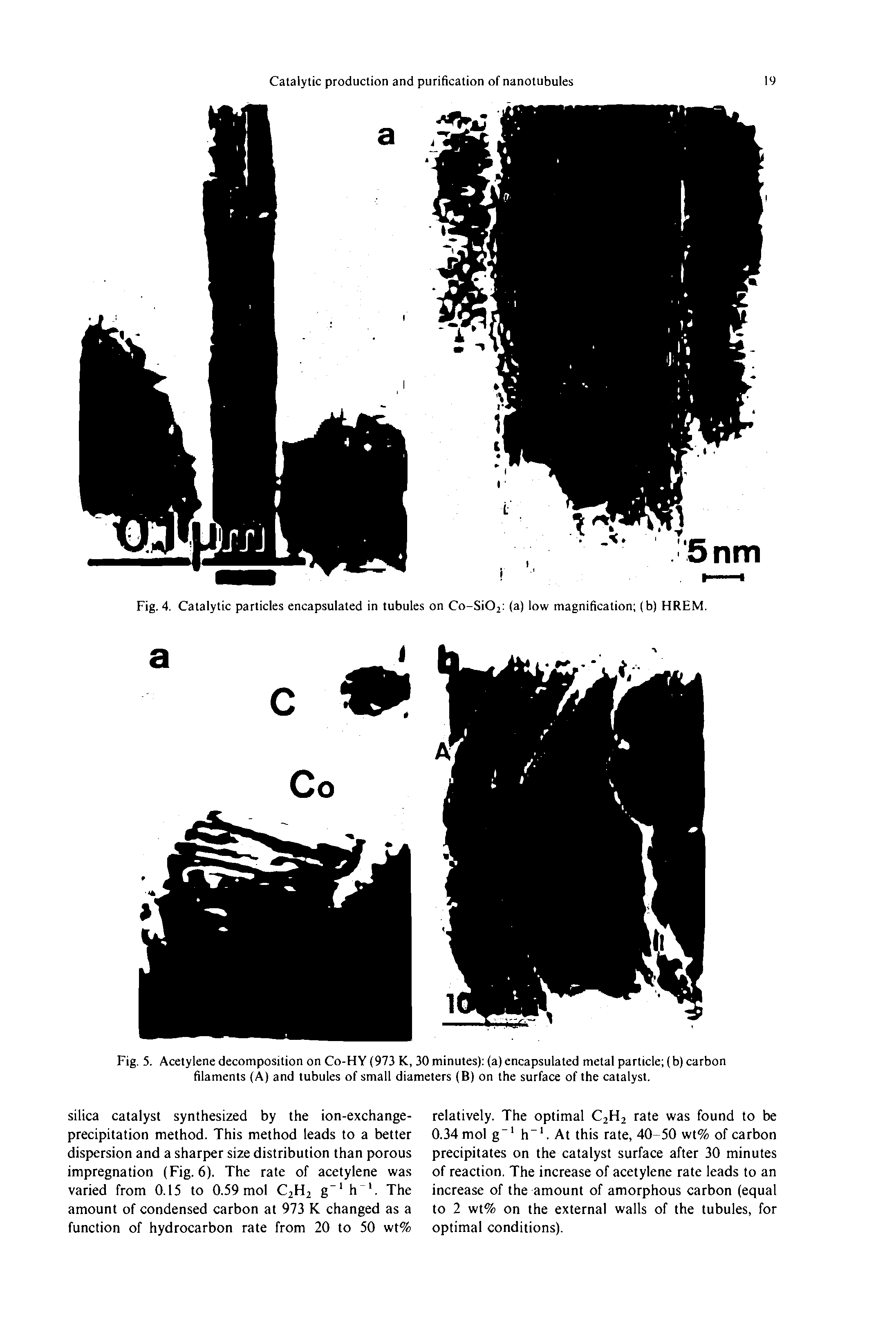 Fig. 5. Acetylene decomposition on Co-HY (973 K, 30 minutes) (a) encapsulated metal particle (b) carbon filaments (A) and tubules of small diameters (B) on the surface of the catalyst.