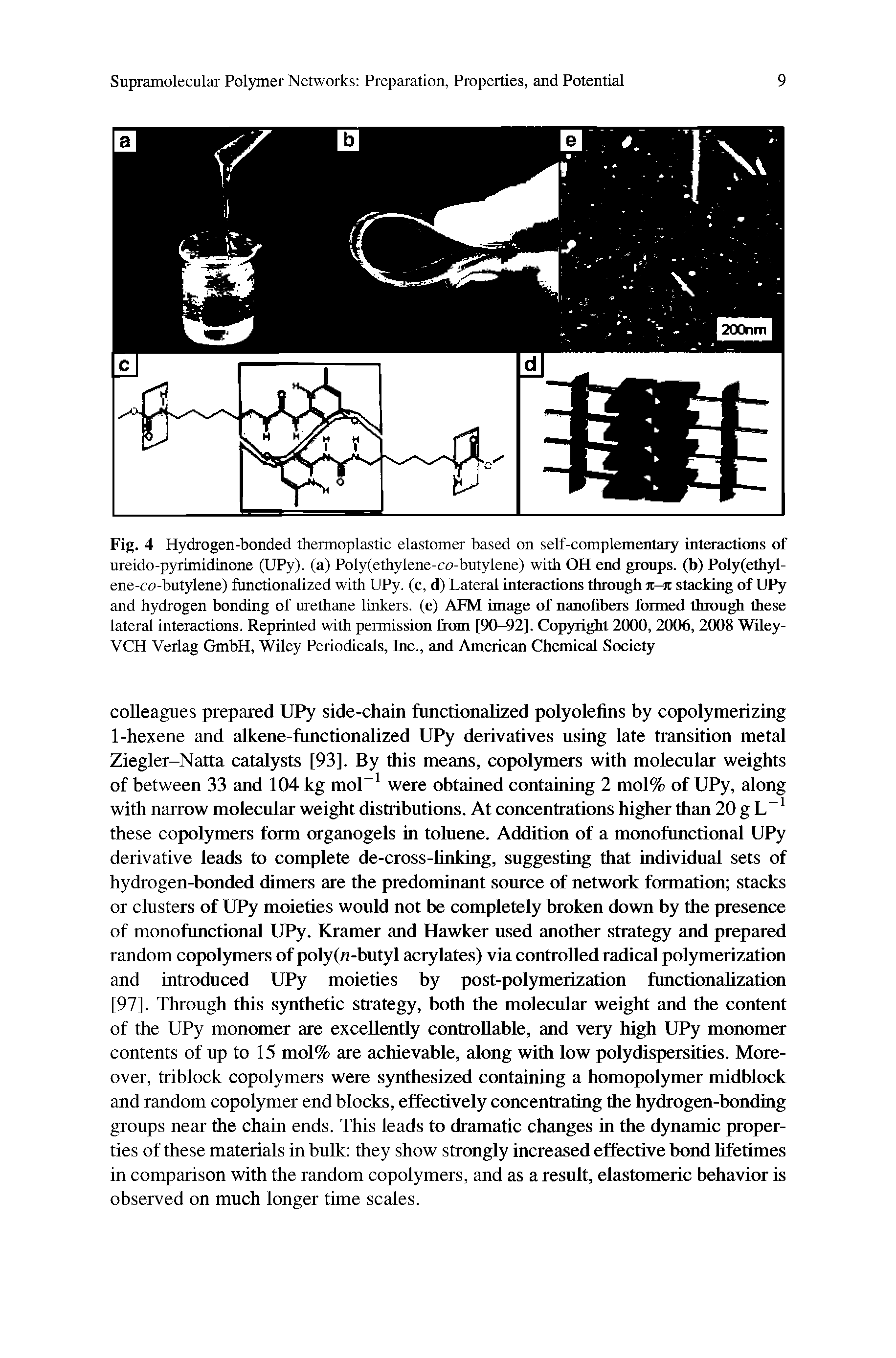 Fig. 4 Hydrogen-bonded thermoplastic elastomer based on self-complementary interactions of ureido-pyrimidinone (UPy). (a) Poly(ethylene-co-butylene) with OH end groups, (b) Poly(ethyl-ene-co-butylene) functionalized with UPy. (c, d) Lateral intraactions through tt—tt stacking of UPy and hydrogen bonding of urethane linkers, (e) AFM image of nanofibers formed through these lateral interactions. Reprinted with permission friun [90-92]. Copyright 2000, 2006, 2008 Wiley-VCH Verlag GmbH, Wiley Periodieals, Ine., and American Chemical Society...