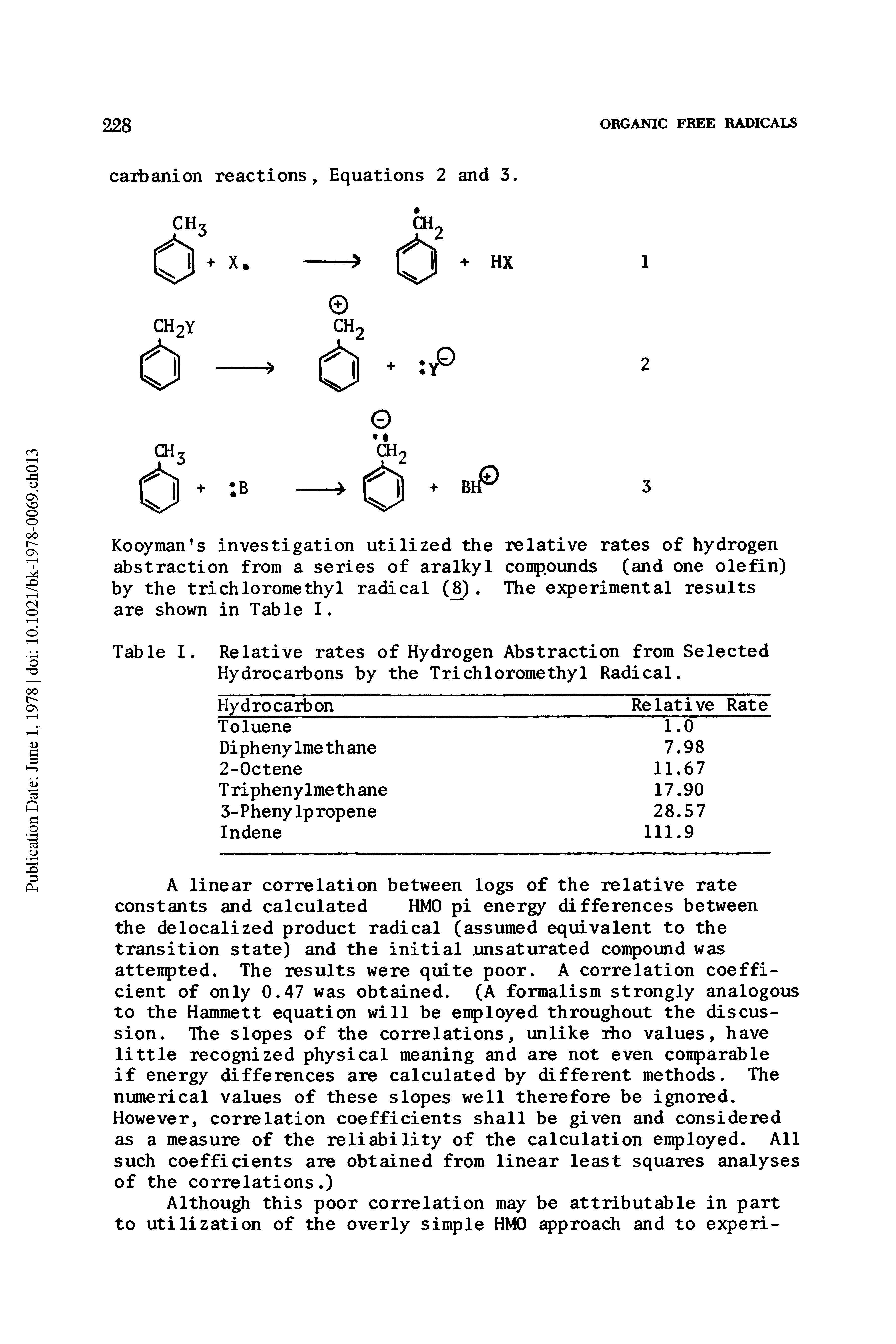 Table I. Relative rates of Hydrogen Abstraction from Selected Hydrocarbons by the Trichloromethyl Radical.