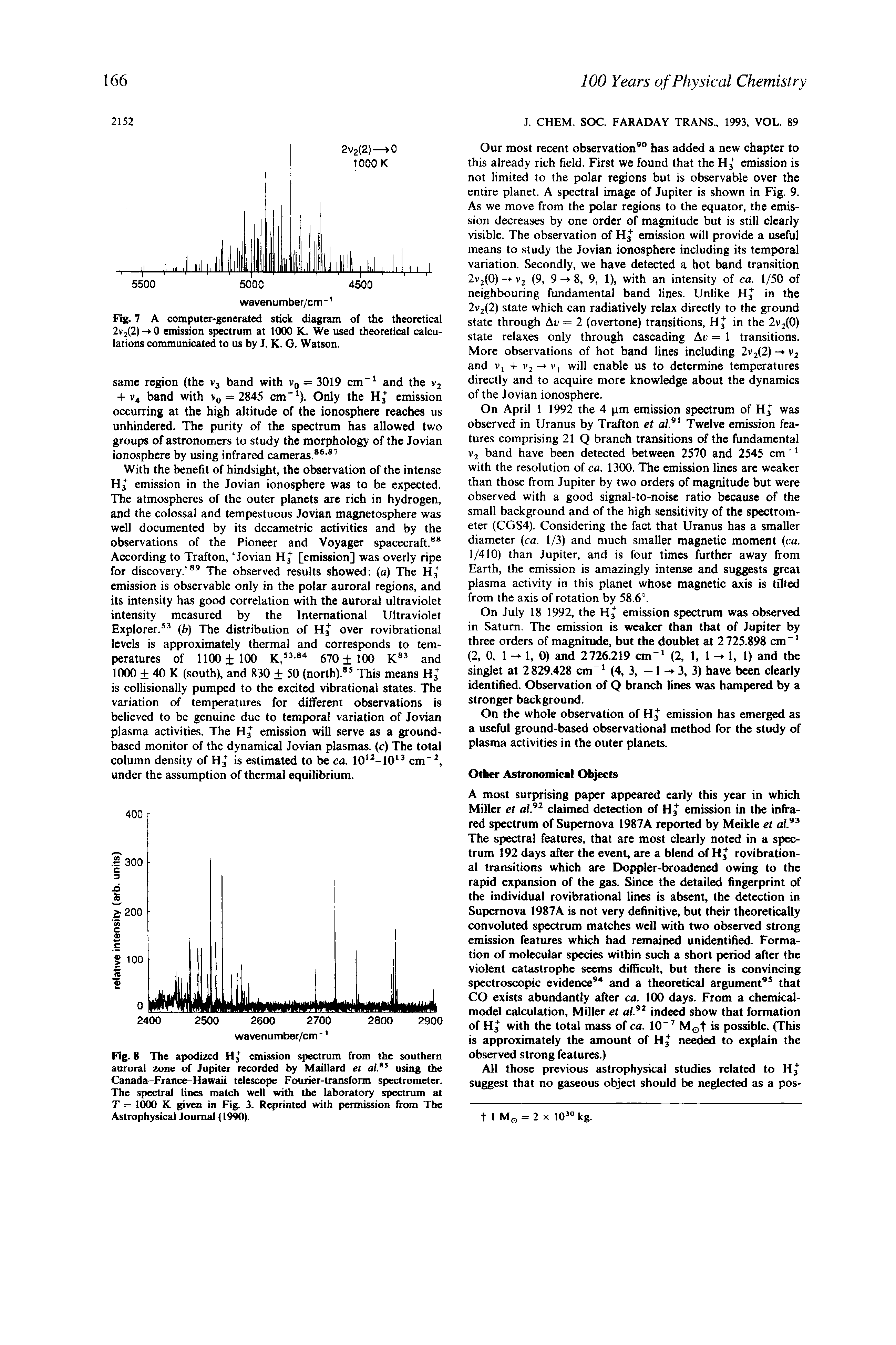 Fig. 8 The apodized H, emission spectrum from the southern auroral zone of Jupiter recorded by Maillard et a/. using the Canada-France-Hawaii telescope Fourier-transform spectrometer. The spectral lines match well with the laboratory spectrum at T = 1000 K given in Fig. 3. Reprinted with permission from The Astrophysical Journal (1990).