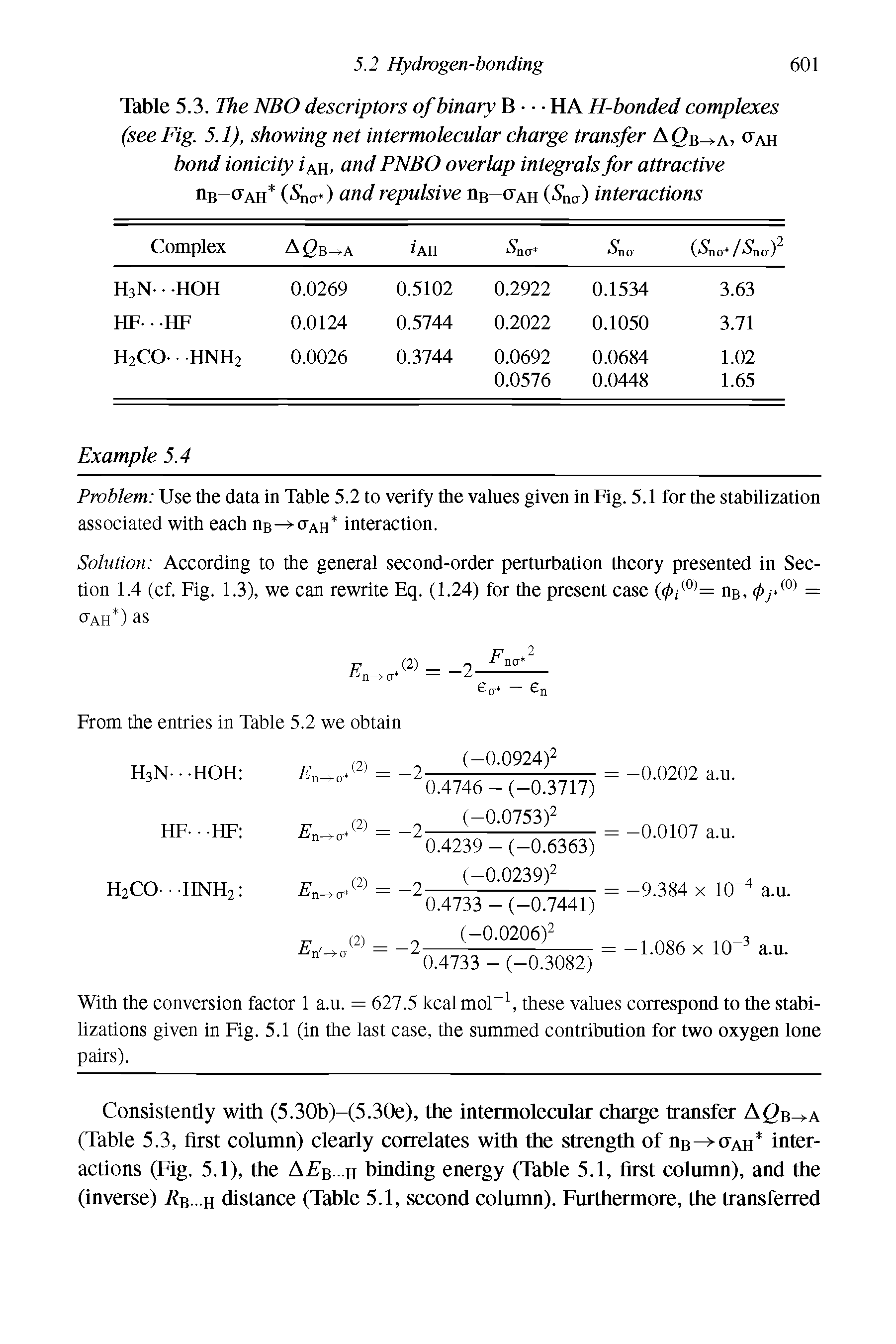 Table 5.3. The NBO descriptors of binary B HA H-bonded complexes (see Fig. 5.1), showing net intermolecular charge transfer A0b a, ctah bond ionicity / ah. and PNBO overlap integrals for attractive ri j ctah ( Vncr.) and repulsive iib-ctah (5no ) interactions...