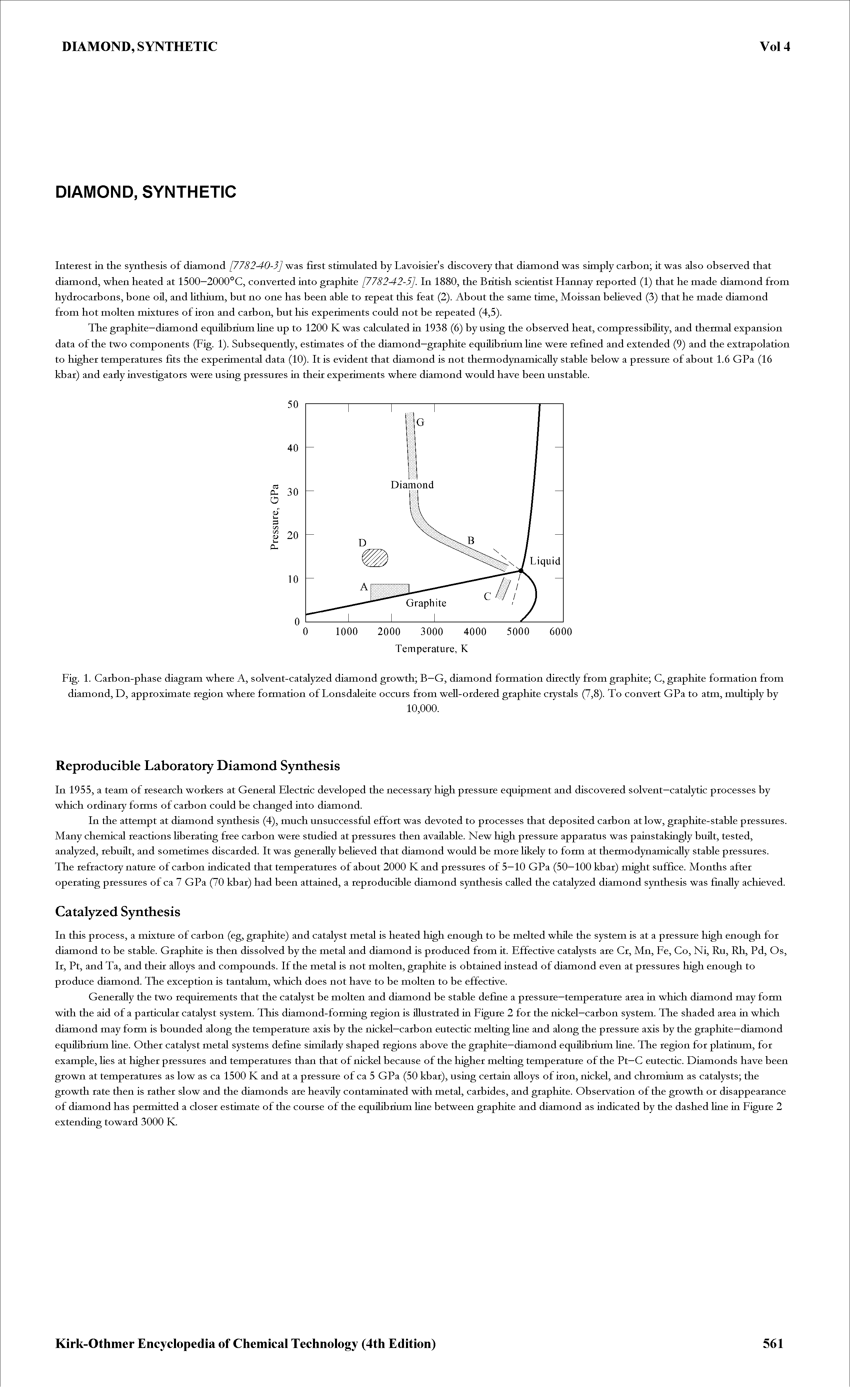 Fig. 1. Carbon-phase diagram where A, solvent-cataly2ed diamond growth B—G, diamond formation direcdy from graphite C, graphite formation from diamond, D, approximate region where formation of Lonsdaleite occurs from weU-ordered graphite crystals (7,8). To convert GPa to atm, multiply by...