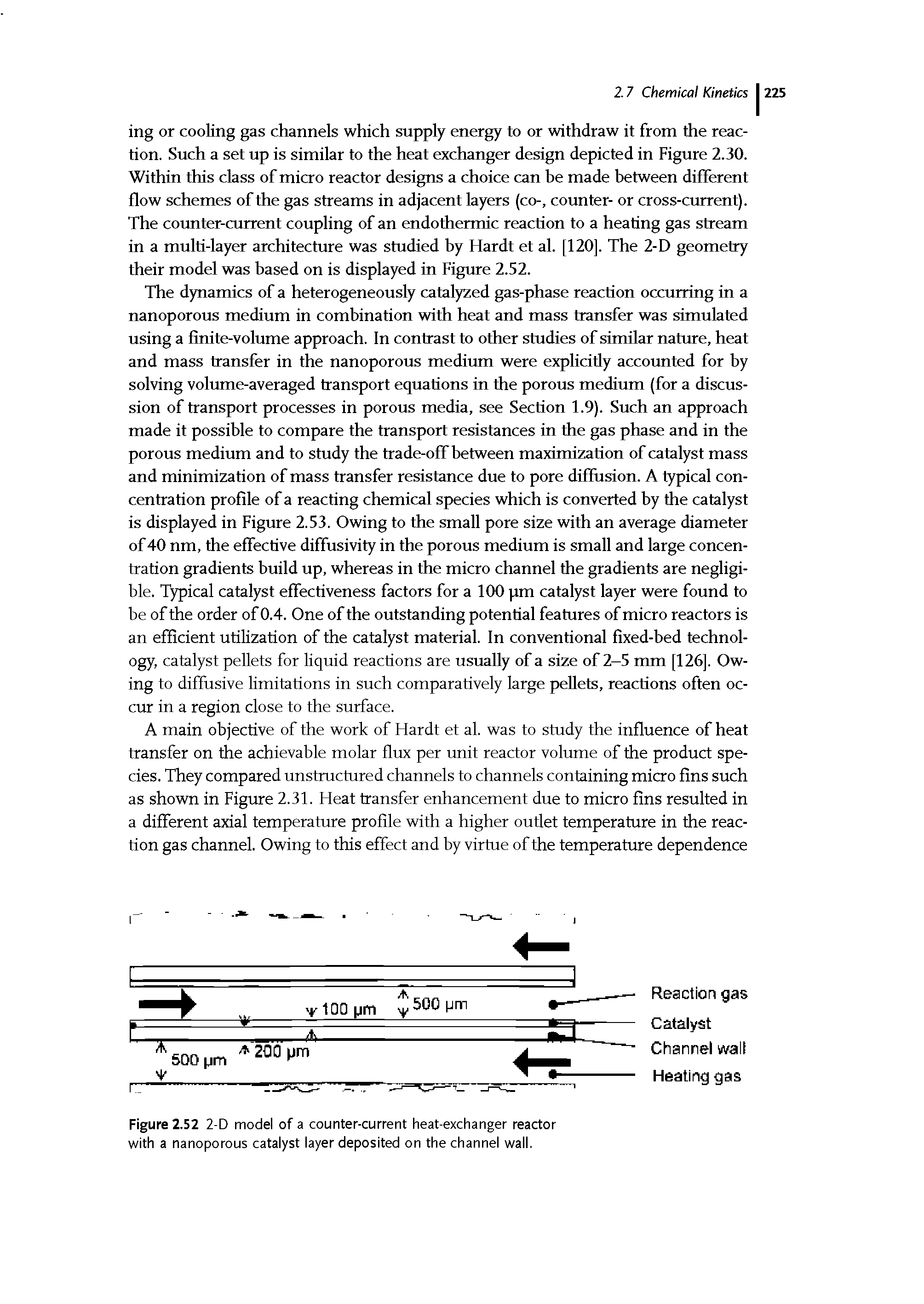 Figure 2.52 2-D model of a counter-current heat-exchanger reactor with a nanoporous catalyst layer deposited on the channel wall.