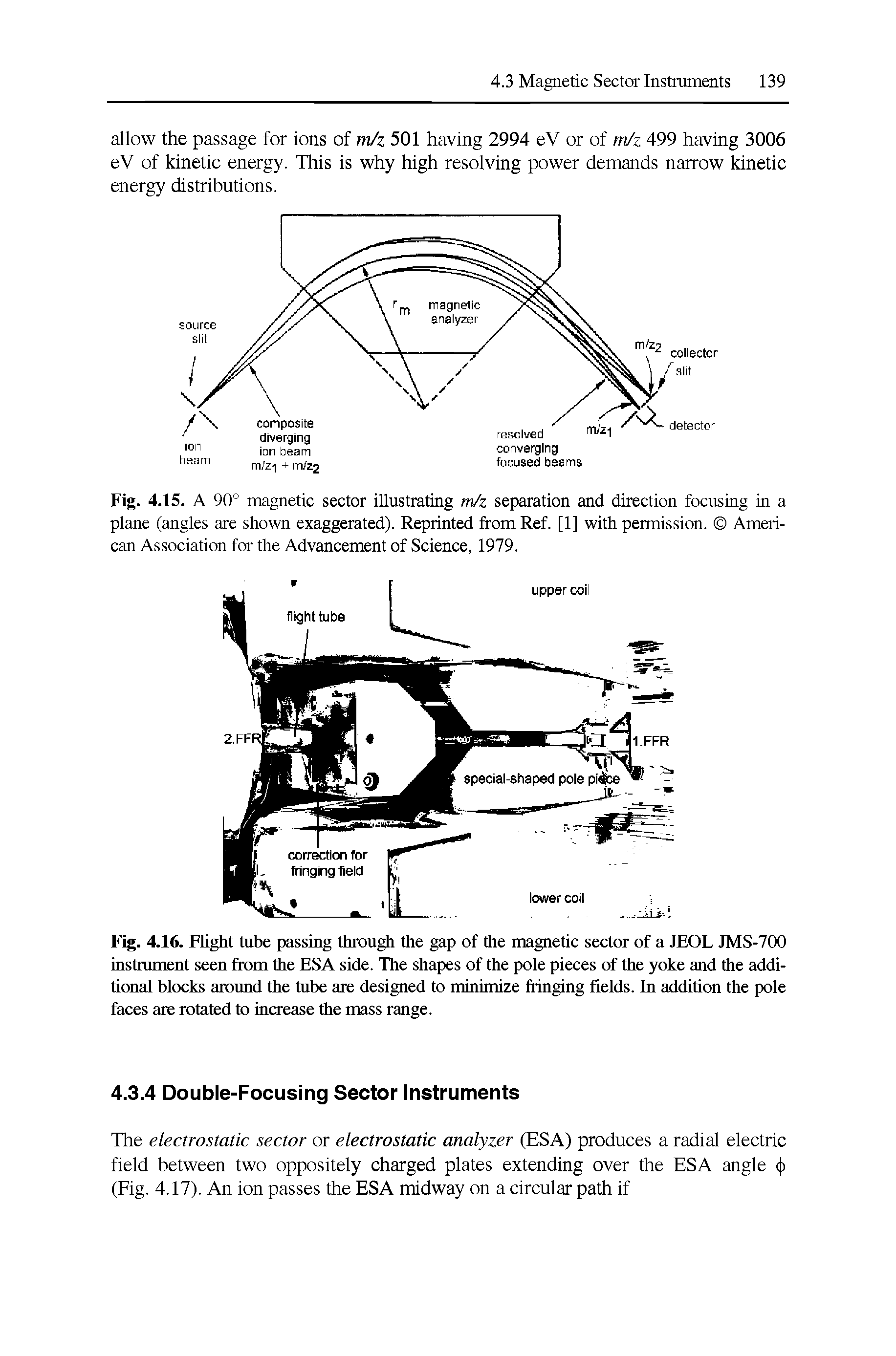 Fig. 4.15. A 90° magnetic sector illustrating m/z separation and direction focusing in a plane (angles are shown exaggerated). Reprinted from Ref. [1] with permission. American Association for the Advancement of Science, 1979.