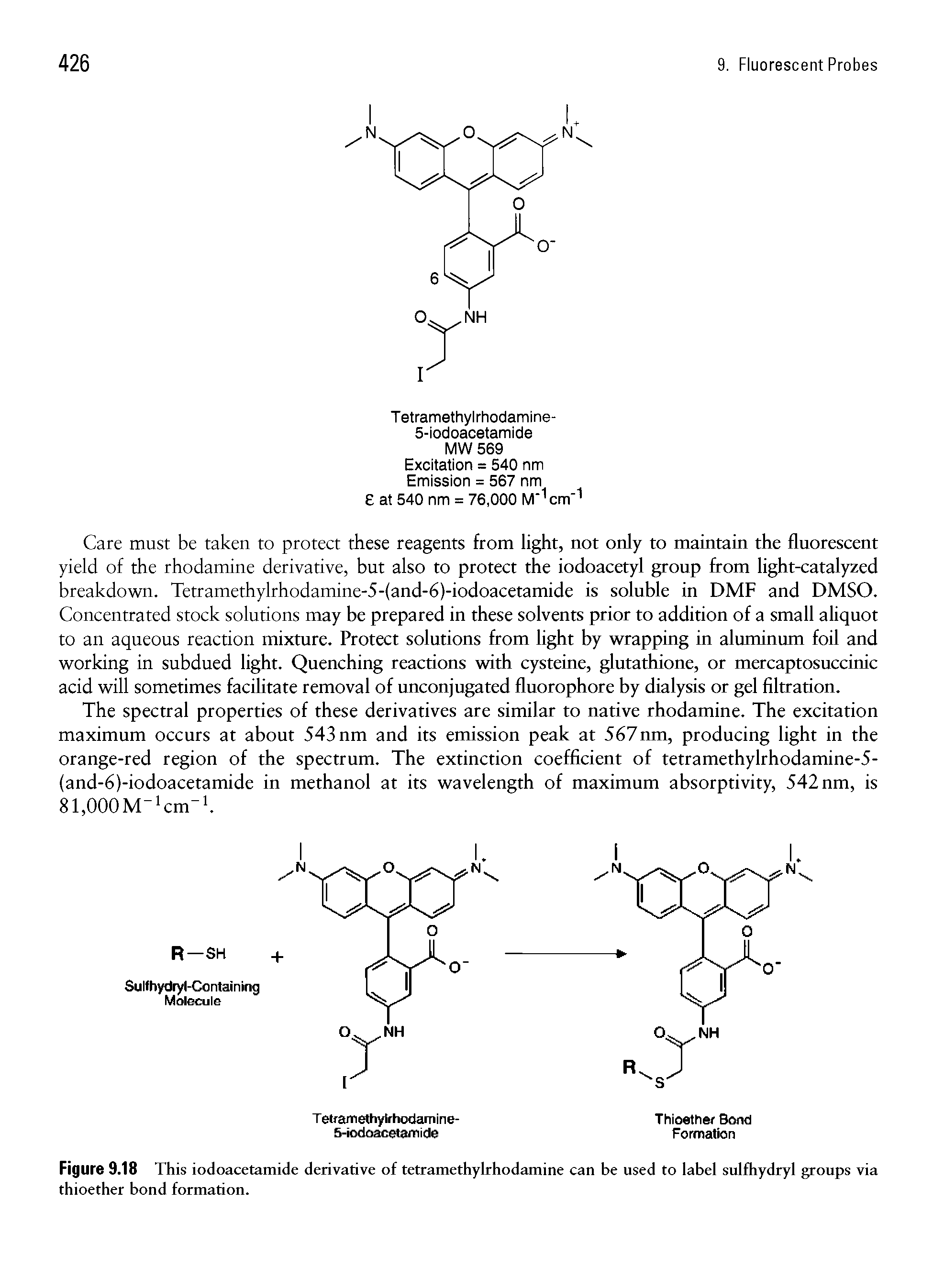 Figure 9.18 This iodoacetamide derivative of tetramethylrhodamine can be used to label sulfhydryl groups via thioether bond formation.