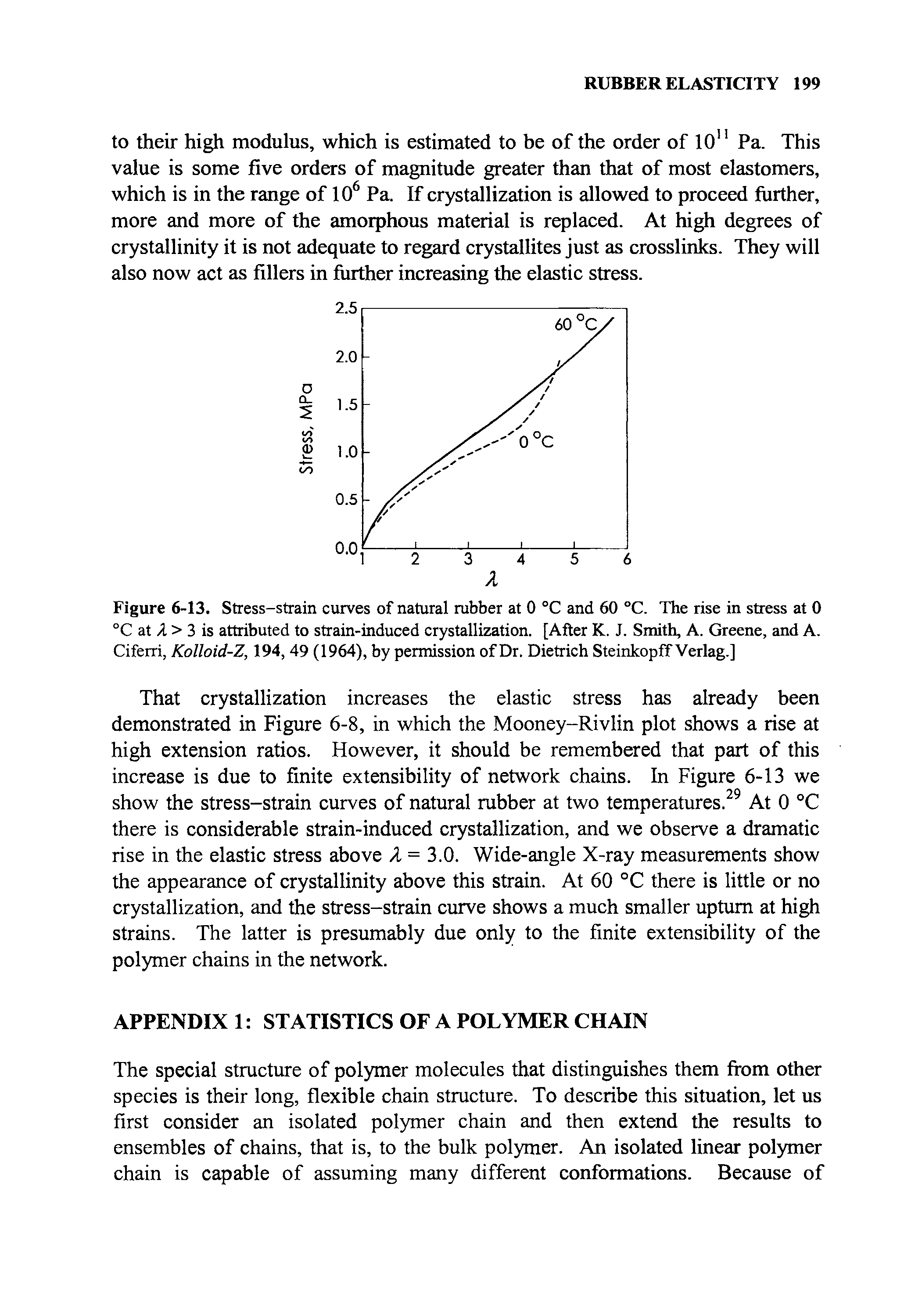 Figure 6-13. Stress-strain curves of natural rubber at 0 °C and 60 °C. The rise in stress at 0 °C at A > 3 is attributed to strain-induced crystallization. [After K. J. Smith, A. Greene, and A. Ciferri, Kolloid-Z, 194, 49 (1964), by permission of Dr. Dietrich SteinkopfTVerlag.]...