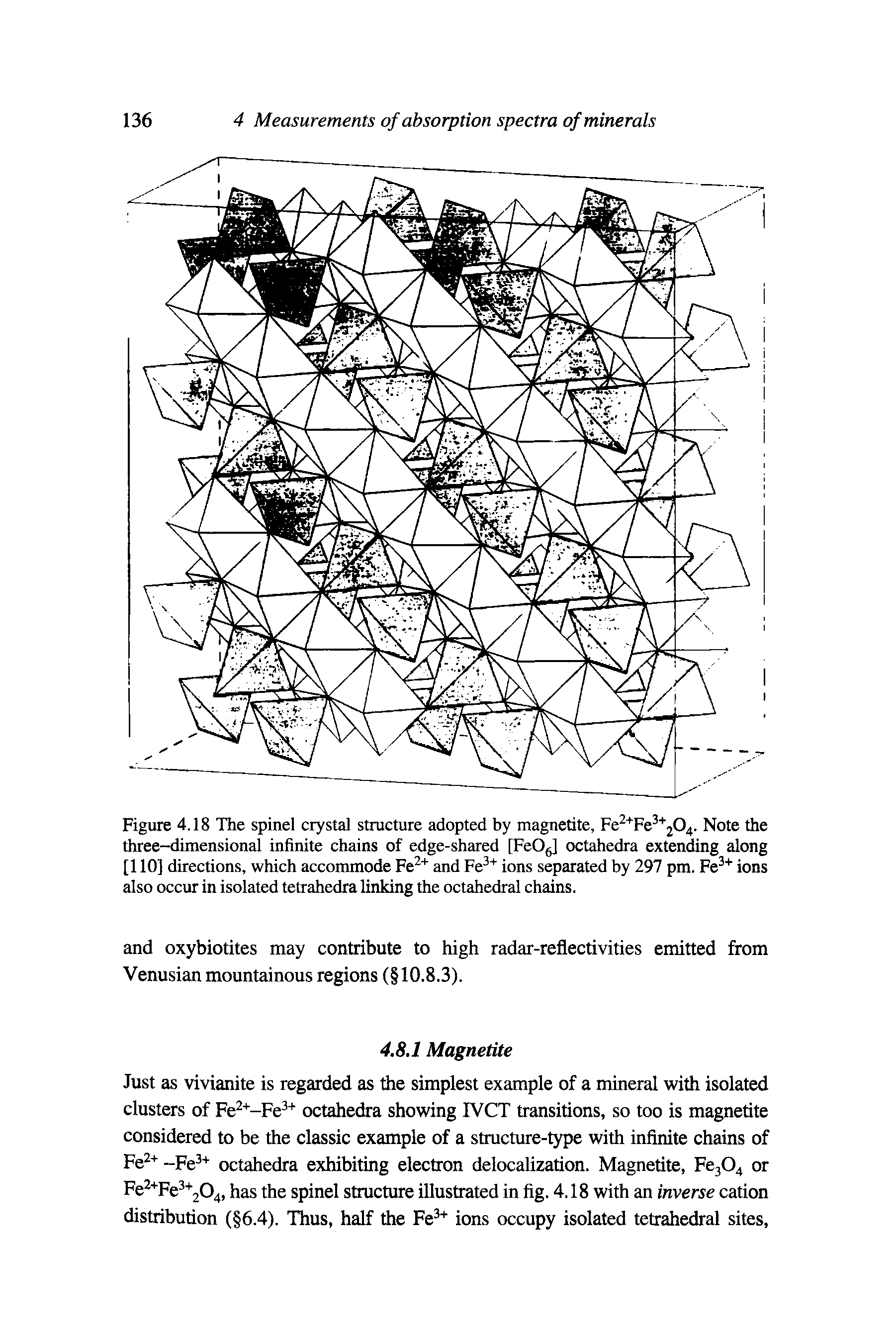 Figure 4.18 The spinel crystal structure adopted by magnetite, Fe2+Fe3+204. Note the three-dimensional infinite chains of edge-shared [FeOe] octahedra extending along [110] directions, which accommode Fe2+ and Fe3+ ions separated by 297 pm. Fe3+ ions also occur in isolated tetrahedra linking the octahedral chains.