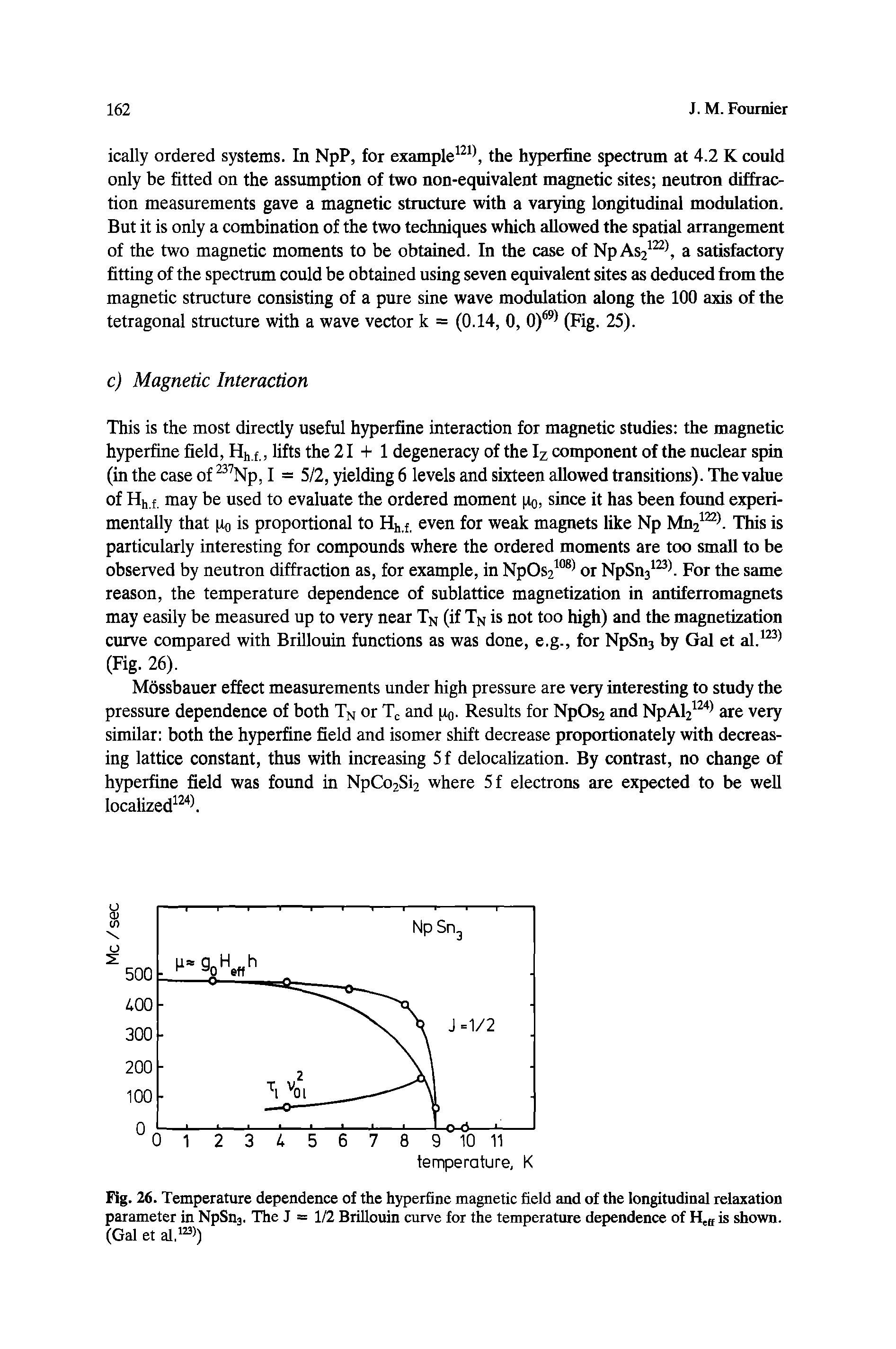 Fig. 26. Temperature dependence of the hyperfine magnetic field and of the longitudinal relaxation parameter in NpSns. The J = 1/2 Brillouin curve for the temperature dependence of is shown. (Gal et al, )...