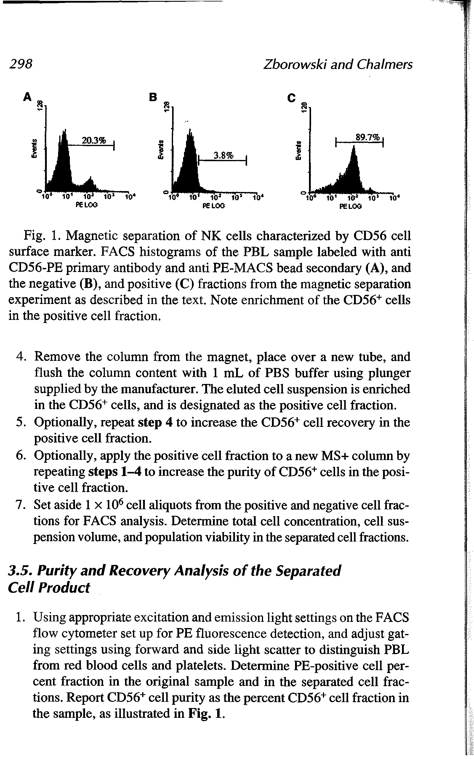 Fig. 1. Magnetic separation of NK cells characterized by CD56 cell surface marker. FACS histograms of the PBL sample labeled with anti CD56-PE primary antibody and anti PE-MACS bead secondary (A), and the negative (B), and positive (C) fractions from the magnetic separation experiment as described in the text. Note enrichment of the CD56+ cells in the positive cell fraction.