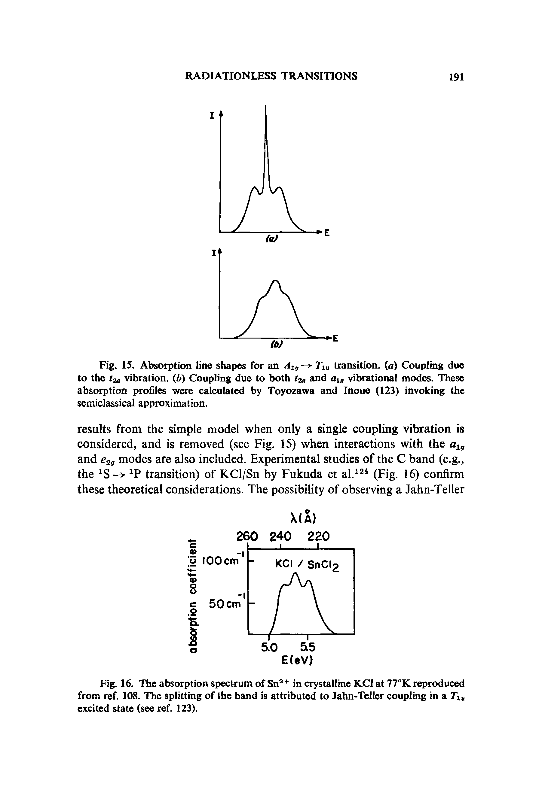 Fig. 15. Absorption line shapes for an Alg - > Tlu transition, (a) Coupling due to the rasl vibration. (b) Coupling due to both t2g and al9 vibrational modes. These absorption profiles were calculated by Toyozawa and Inoue (123) invoking the semiclassical approximation.