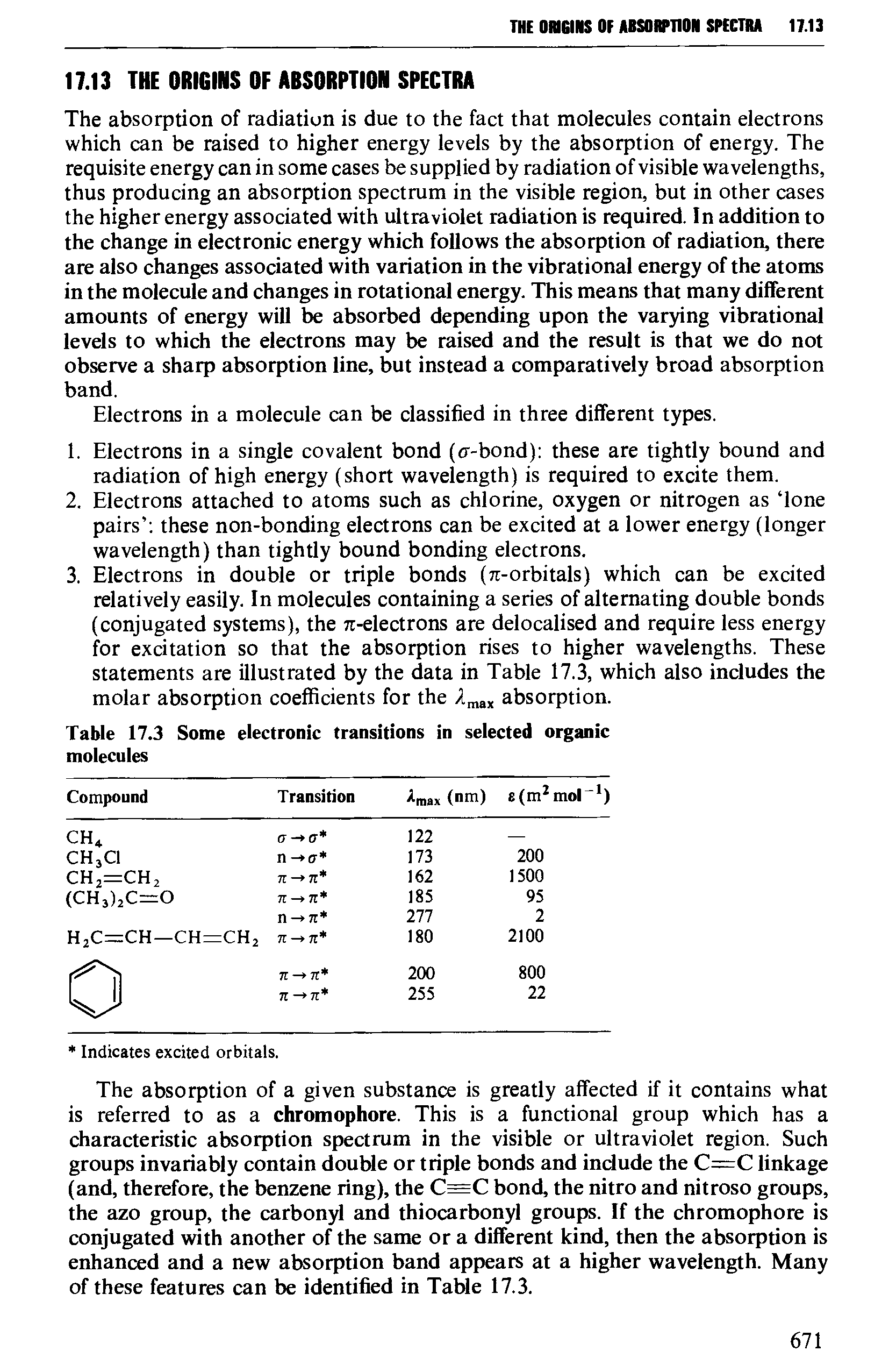 Table 17.3 Some electronic transitions in selected organic molecules...