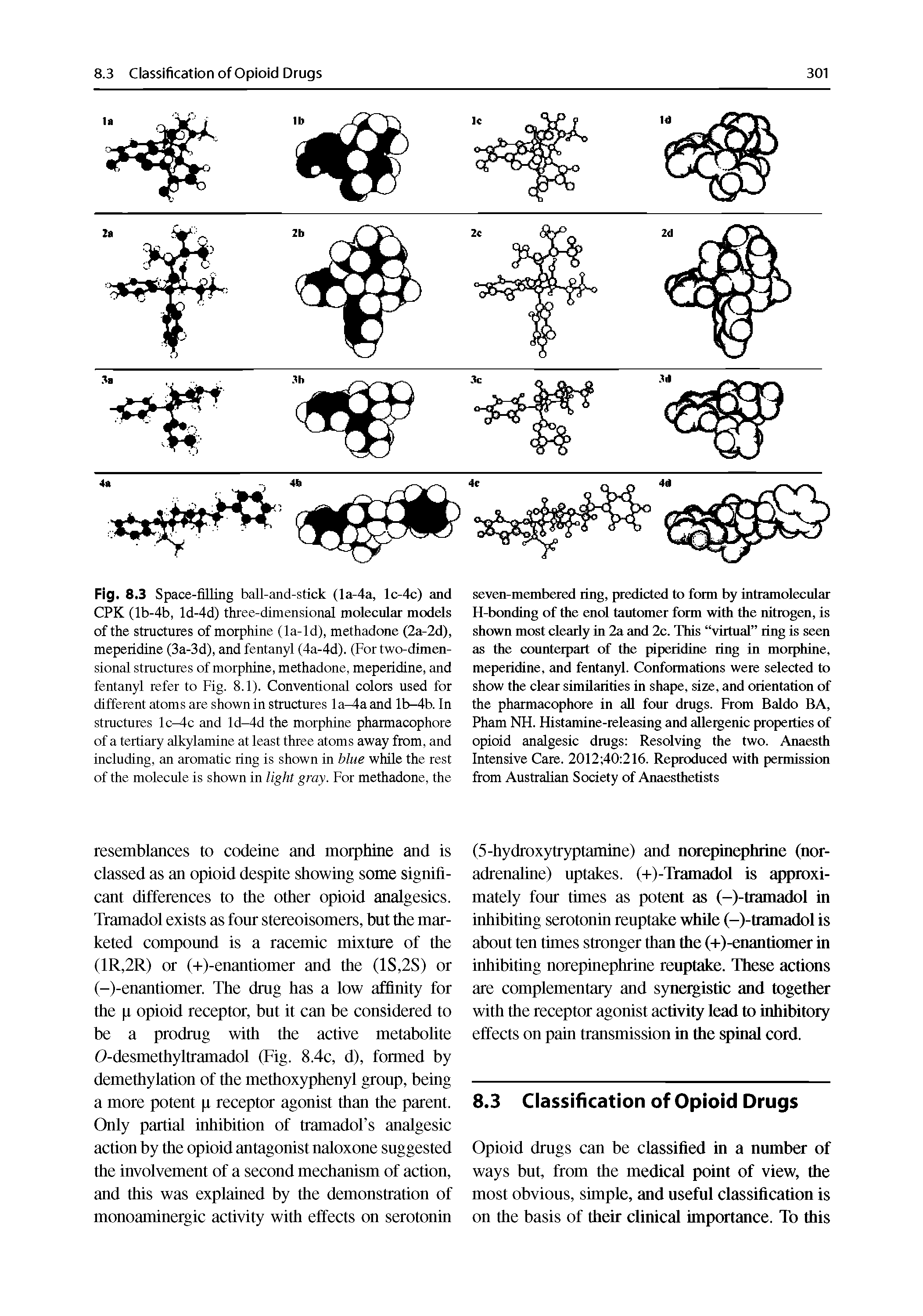 Fig. 8.3 Space-fining ball-and-s(ick (la-4a, lc-4c) and CPK (lb-4b, ld-4d) three-dimensional molecular models of the structures of morphine (la-ld), methadone (2a-2d), meperidine (3a-3d), and fentanyl (4a-4d). (For two-dimensional structures of morphine, methadone, meperidine, and fentanyl refer to Fig. 8.1). Conventional colors used for different atoms are shown in structures la-4a and lb-4b. In structures Ic- c and ld-4d the morphine pharmacophore of a tertiary alkylamine at least three atoms away from, and including, an aromatic ring is shown in blue while the rest of the molecule is shown in light gray. For methadone, the...