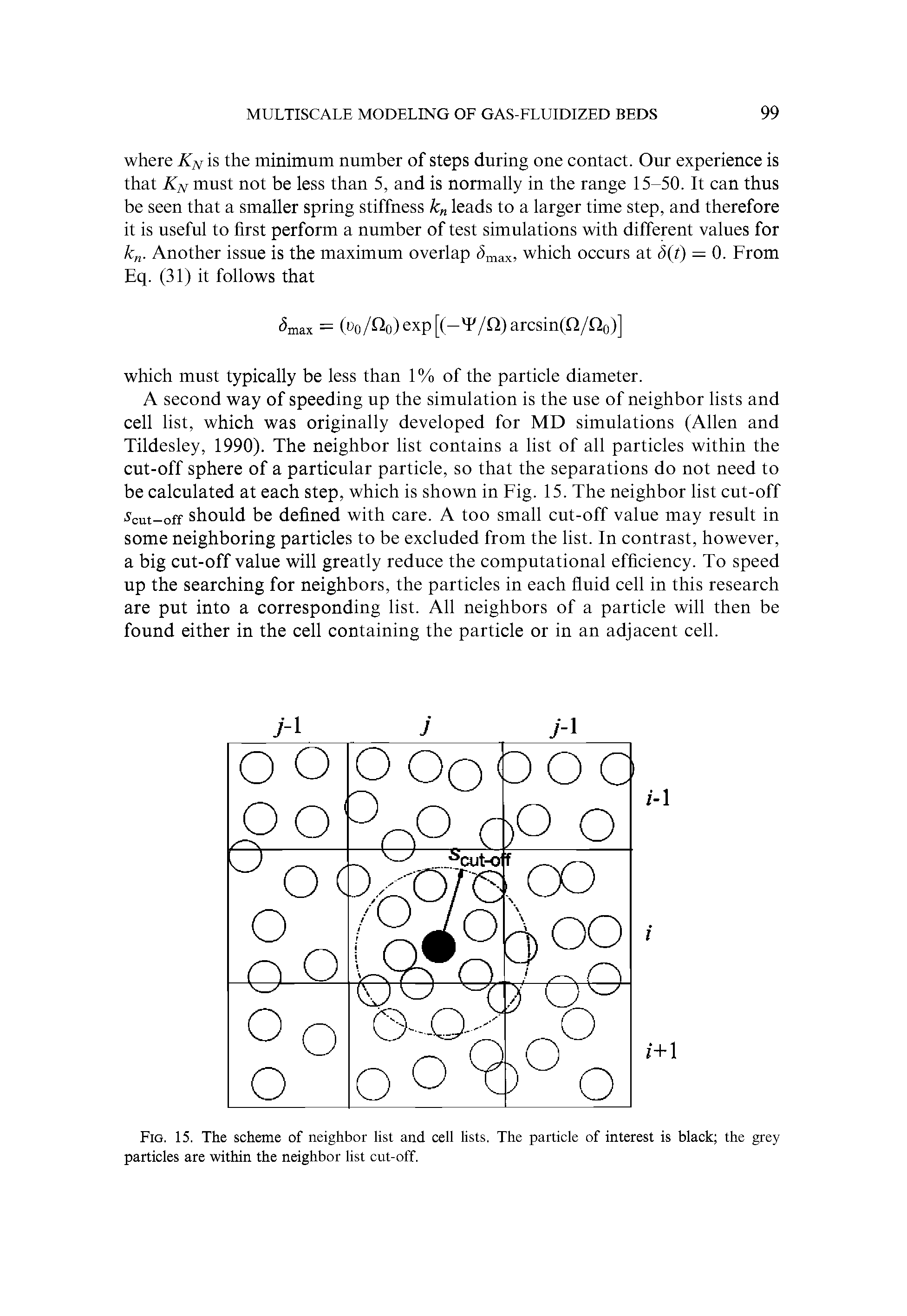 Fig. 15. The scheme of neighbor list and cell lists. The particle of interest is black the grey particles are within the neighbor list cut-off.