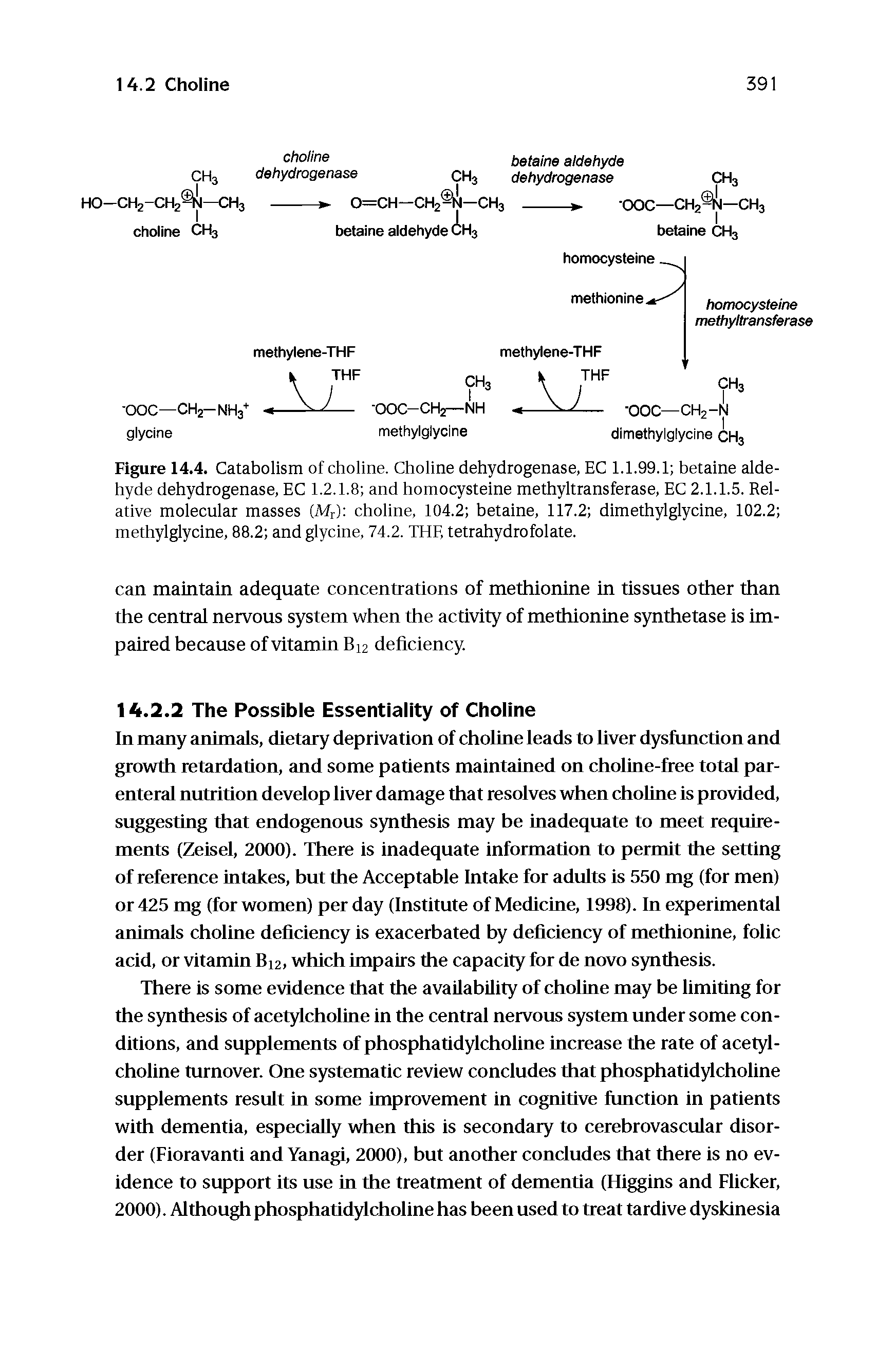 Figure 14.4. Catabolism of choline. Choline dehydrogenase, EC 1.1.99.1 betaine aldehyde dehydrogenase, EC 1.2.1.8 and homocysteine methyltransferase, EC 2.1.1.5. Relative molecular masses (Mr) choline, 104.2 betaine, 117.2 dimethylglycine, 102.2 methylglycine, 88.2 and glycine, 74.2. THF, tetrahydrofolate.