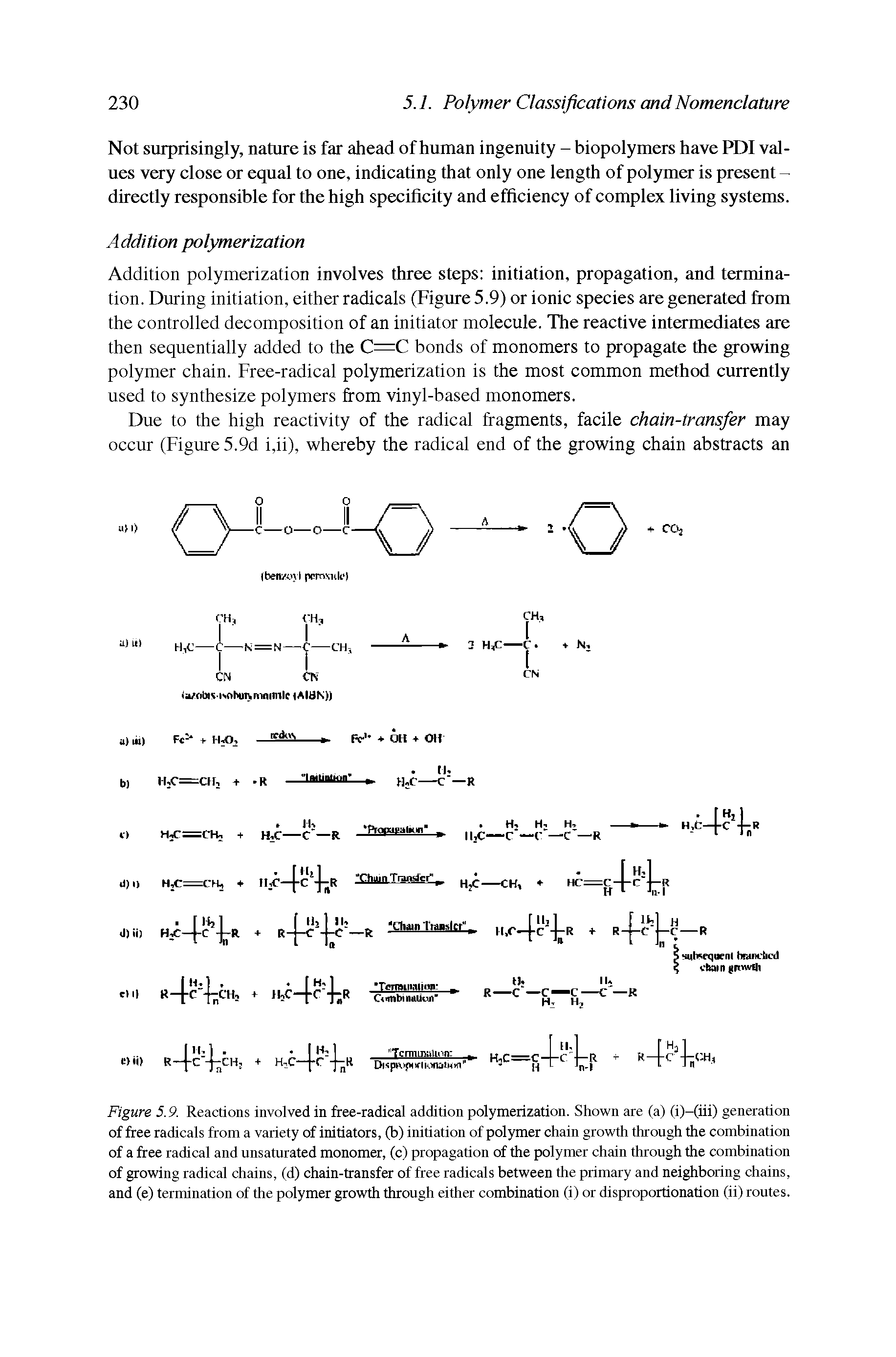 Figure 5.9. Reactions involved in free-radical addition polymerization. Shown are (a) (i)-(iii) generation of free radicals from a variety of initiators, (b) initiation of polymer chain growth through the combination of a free radical and unsaturated monomer, (c) propagation of the polymer chain through the combination of growing radical chains, (d) chain-transfer of free radicals between the primary and neighboring chains, and (e) termination of the polymer growth through either combination (i) or disproportionation (ii) routes.