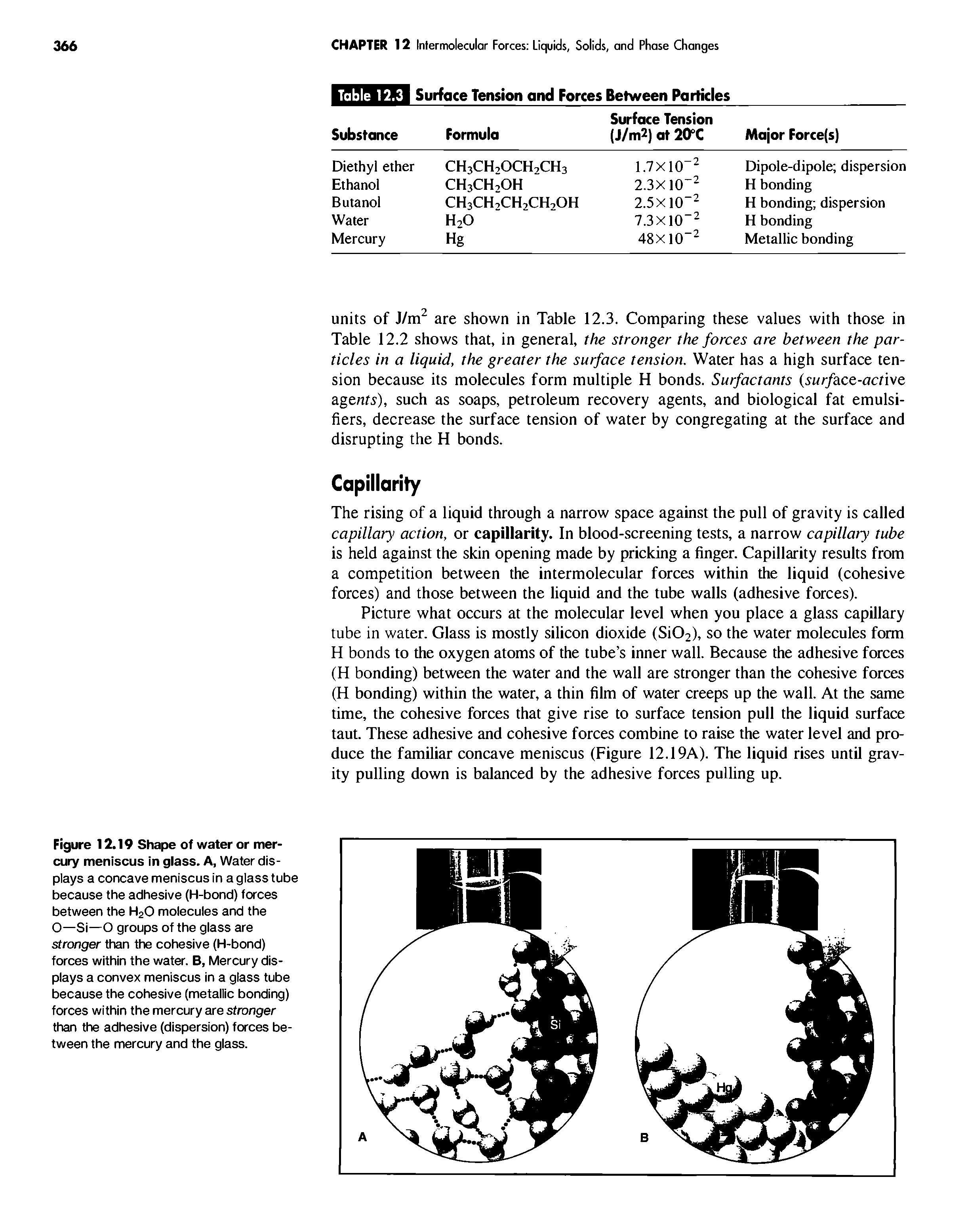 Figure 12.19 Shape of water or mercury meniscus in glass. A, Water displays a concave meniscus in a glass tube because the adhesive (H-bond) forces between the H2O molecules and the O—Si—O groups of the glass are stronger than the cohesive (H-bond) forces within the water. B, Mercury displays a convex meniscus in a glass tube because the cohesive (metallic bonding) forces within the mercury are stronger than the adhesive (dispersion) forces between the mercury and the glass.