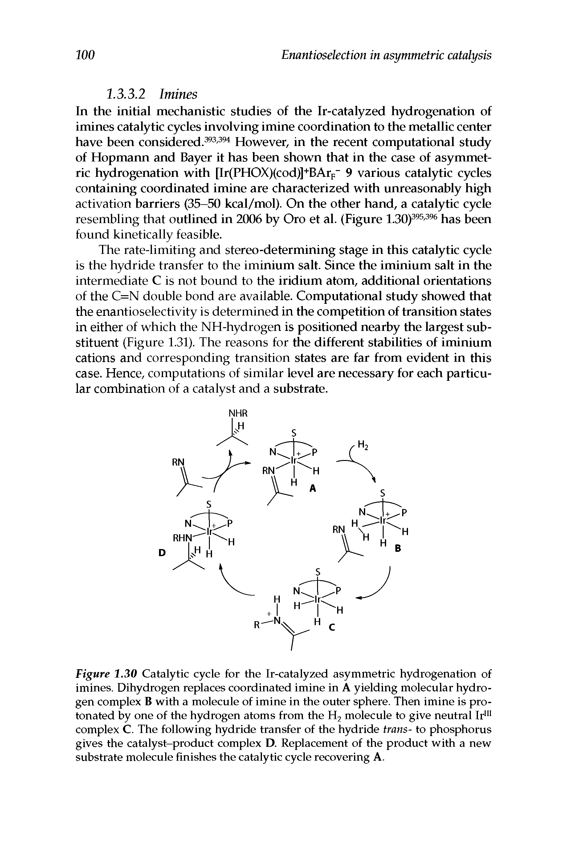 Figure 1.30 Catalytic cycle for the Ir-catalyzed asymmetric hydrogenation of imines. Dihydrogen replaces coordinated imine in A yielding molecular hydrogen complex B with a molecule of imine in the outer sphere. Then imine is pro-tonated by one of the hydrogen atoms from the H2 molecule to give neutral Ir complex C. The following hydride transfer of the hydride trans- to phosphorus gives the catalyst-product complex D. Replacement of the product with a new substrate molecule finishes the catalytic cycle recovering A.