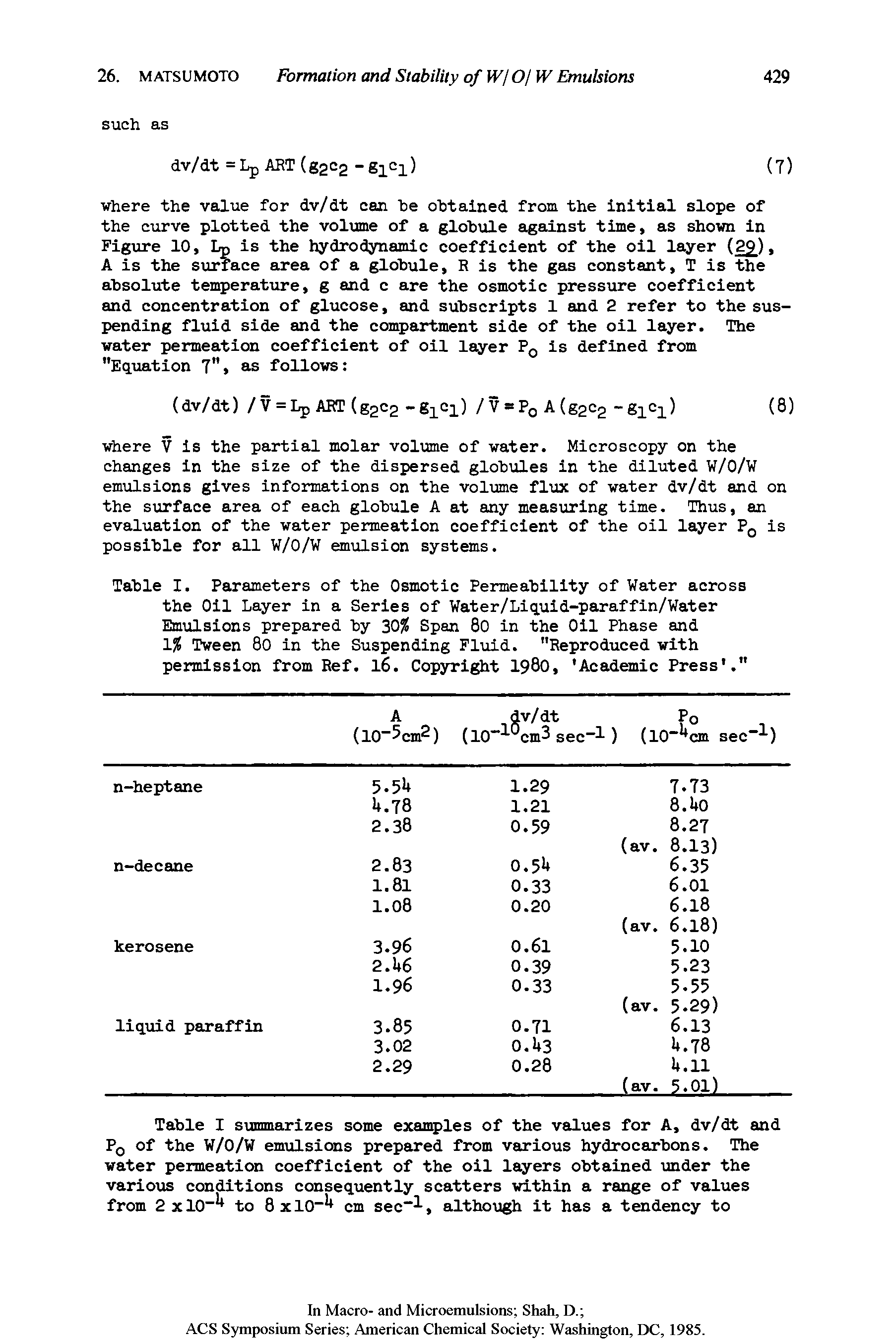 Table I. Parameters of the Osmotic Permeability of Water across the Oil Layer in a Series of Water/Liquid-paraffin/Water Emulsions prepared by 30 Span 80 in the Oil Phase and 1% Tween 80 in the Suspending Fluid. "Reproduced with permission from Ref. 16. Copyright 1900, Academic Press. "...