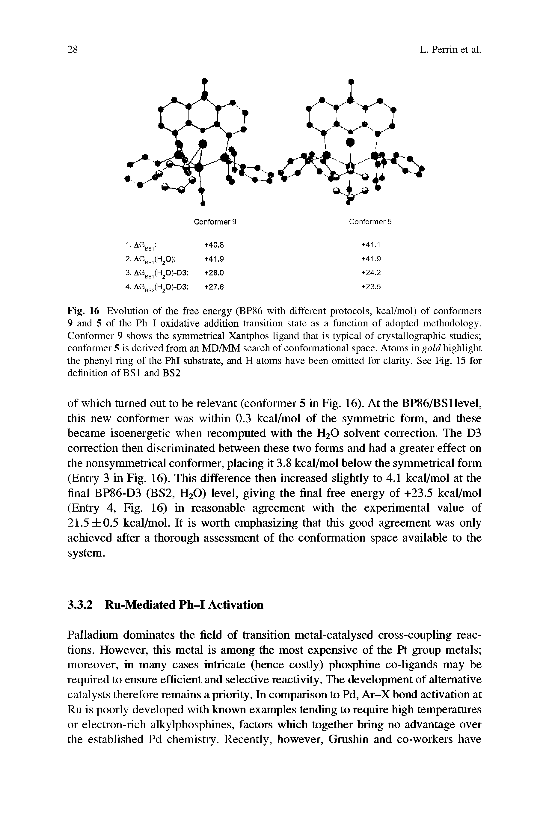 Fig. 16 Evolution of the free energy (BP86 with different protocols, kcal/mol) of conformers 9 and 5 of the Ph-I oxidative addition transition state as a function of adopted methodology. Conformer 9 shows the symmetrical Xantphos ligand that is typical of crystallographic studies conformer 5 is derived from an MD/MM search of conformational space. Atoms in gold highlight the phenyl ring of the Phi substrate, and H atoms have been omitted for clarity. See Fig. 15 for definition of BSl and BS2...