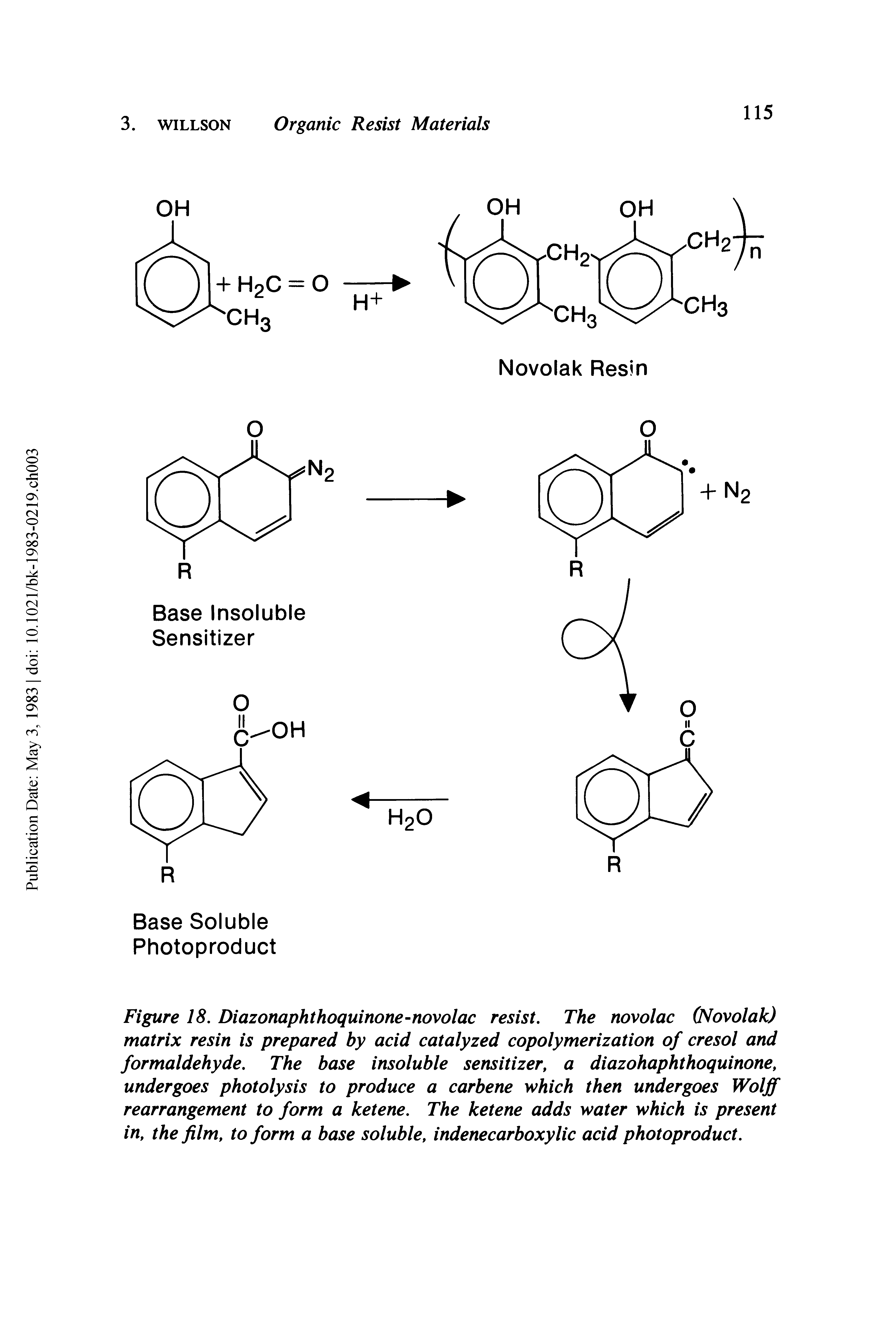 Figure 18. Diazonaphthoquinone-novolac resist. The novolac (Novolak) matrix resin is prepared by acid catalyzed copolymerization of cresol and formaldehyde. The base insoluble sensitizer, a diazohaphthoquinone, undergoes photolysis to produce a carbene which then undergoes Wolff rearrangement to form a ketene. The ketene adds water which is present in, the film, to form a base soluble, indenecarboxylic acid photoproduct.