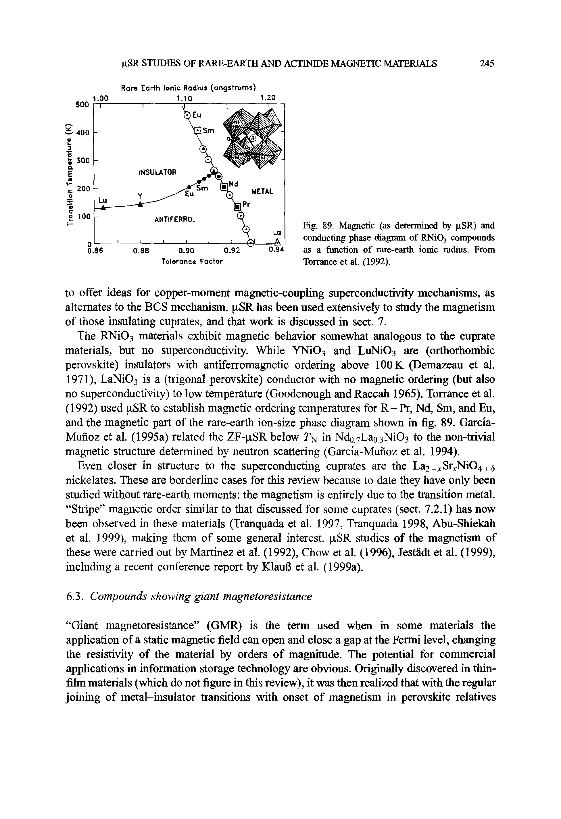 Fig. 89. Magnetic (as determined by ilSR) and conducting phase diagram of RNiO, compoimds as a function of rare-earth ionic radius. From Torrance et al. (1992).