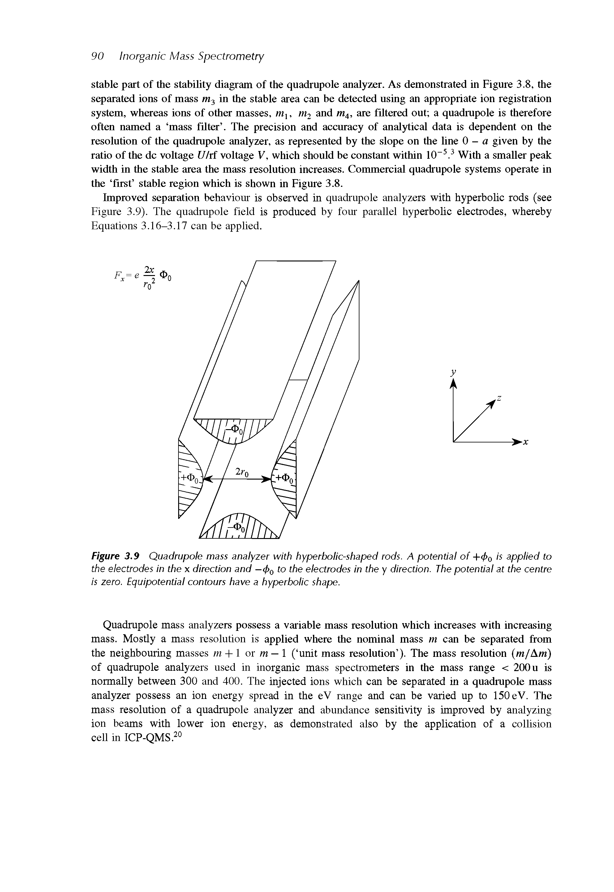 Figure 3.9 Quadrupole mass analyzer with hyperbolic-shaped rods. A potential of + 0 is applied to the electrodes in the x direction and — 0 to the electrodes in the direction. The potential at the centre is zero. Equipotential contours have a hyperbolic shape.