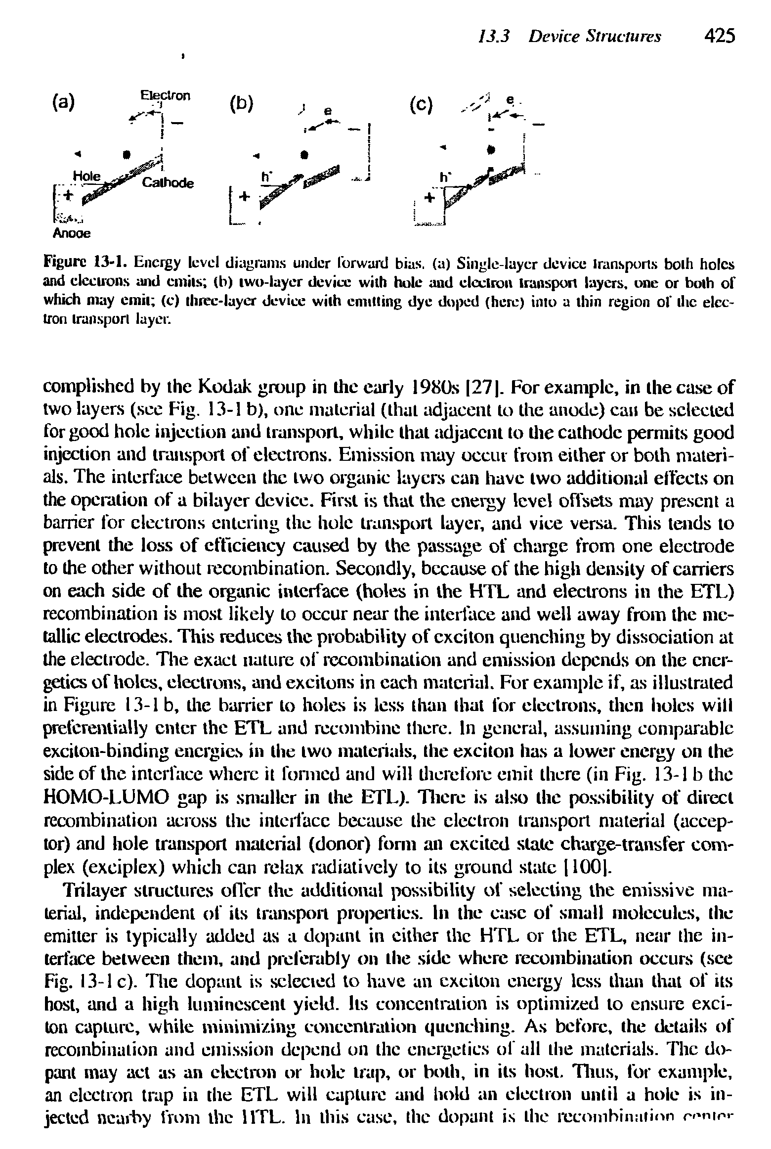 Figure 13-1. Encigy level diagrams under forward bias, (a) Single-layer device Iransports both holes and clccu ons and emits (b) iwo-layer device with hole and electron transport layers, one or both of which may emit (c) three-layer device with emitting dye doped (here) into a thin region of the electron transport layer.