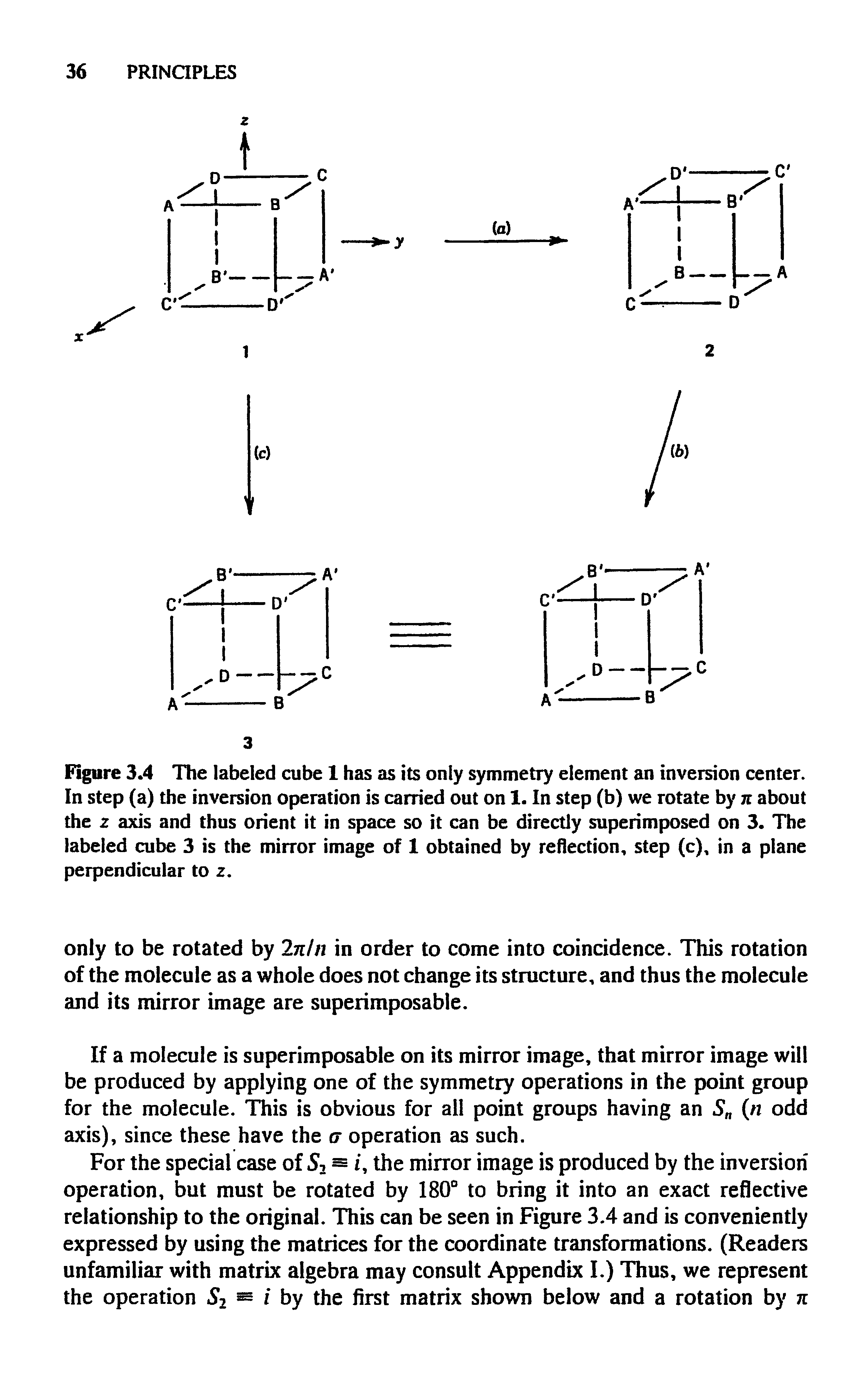 Figure 3.4 The labeled cube 1 has as its only symmetry element an inversion center. In step (a) the inversion operation is carried out on 1. In step (b) we rotate by n about the 2 axis and thus orient it in space so it can be directly superimposed on 3. The labeled cube 3 is the mirror image of 1 obtained by reflection, step (c), in a plane perpendicular to z.