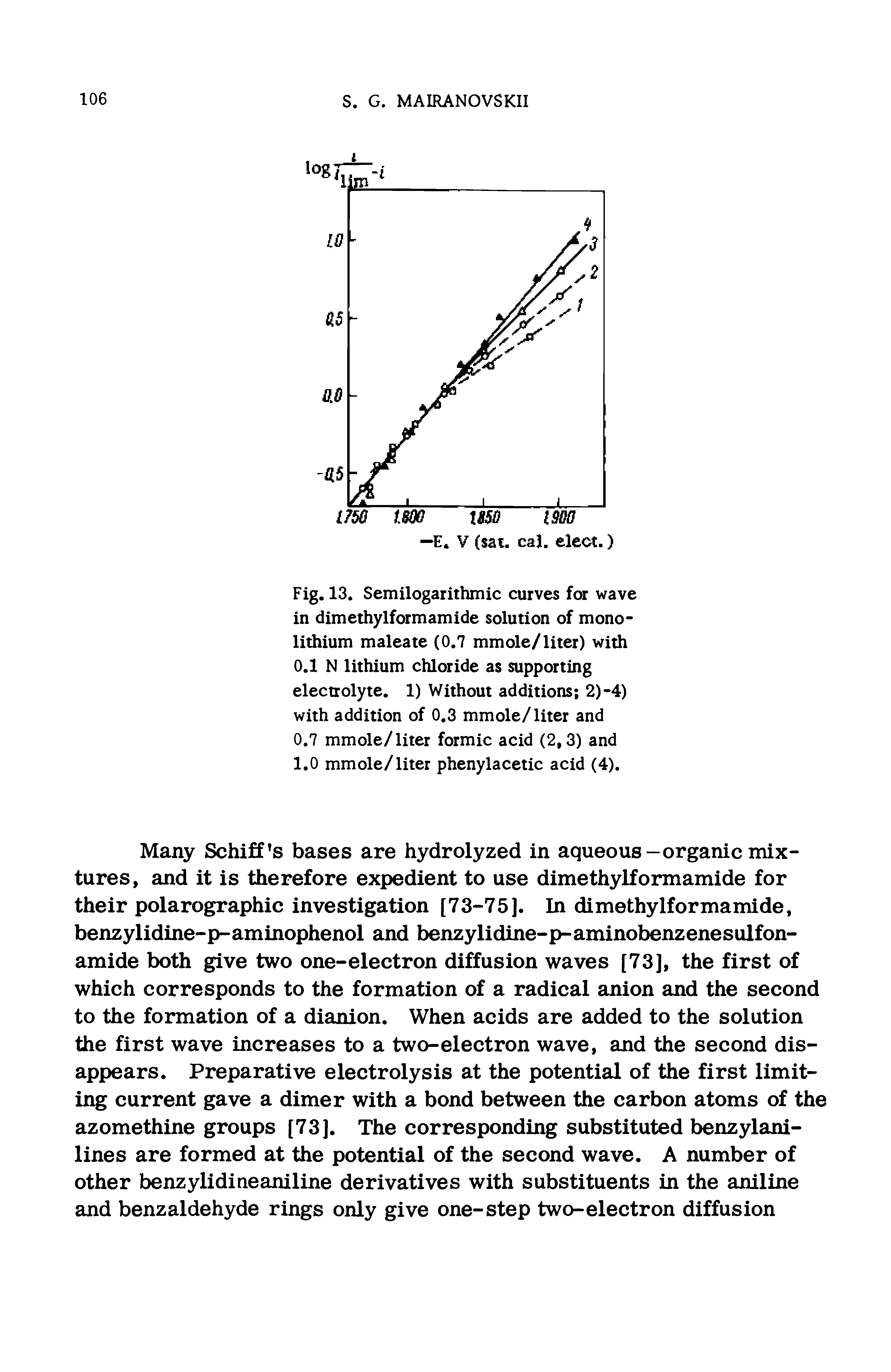 Fig. 13. Semilogarithmic curves for wave in dimethylformamide solution of mono-lithium maleate (0.7 mmole/liter) with 0.1 N lithium chloride as supporting electrolyte. 1) Without additions 2)-4) with addition of 0.3 mmole/liter and 0.7 mmole/liter formic acid (2,3) and 1,0 mmole/liter phenylacetic acid (4).