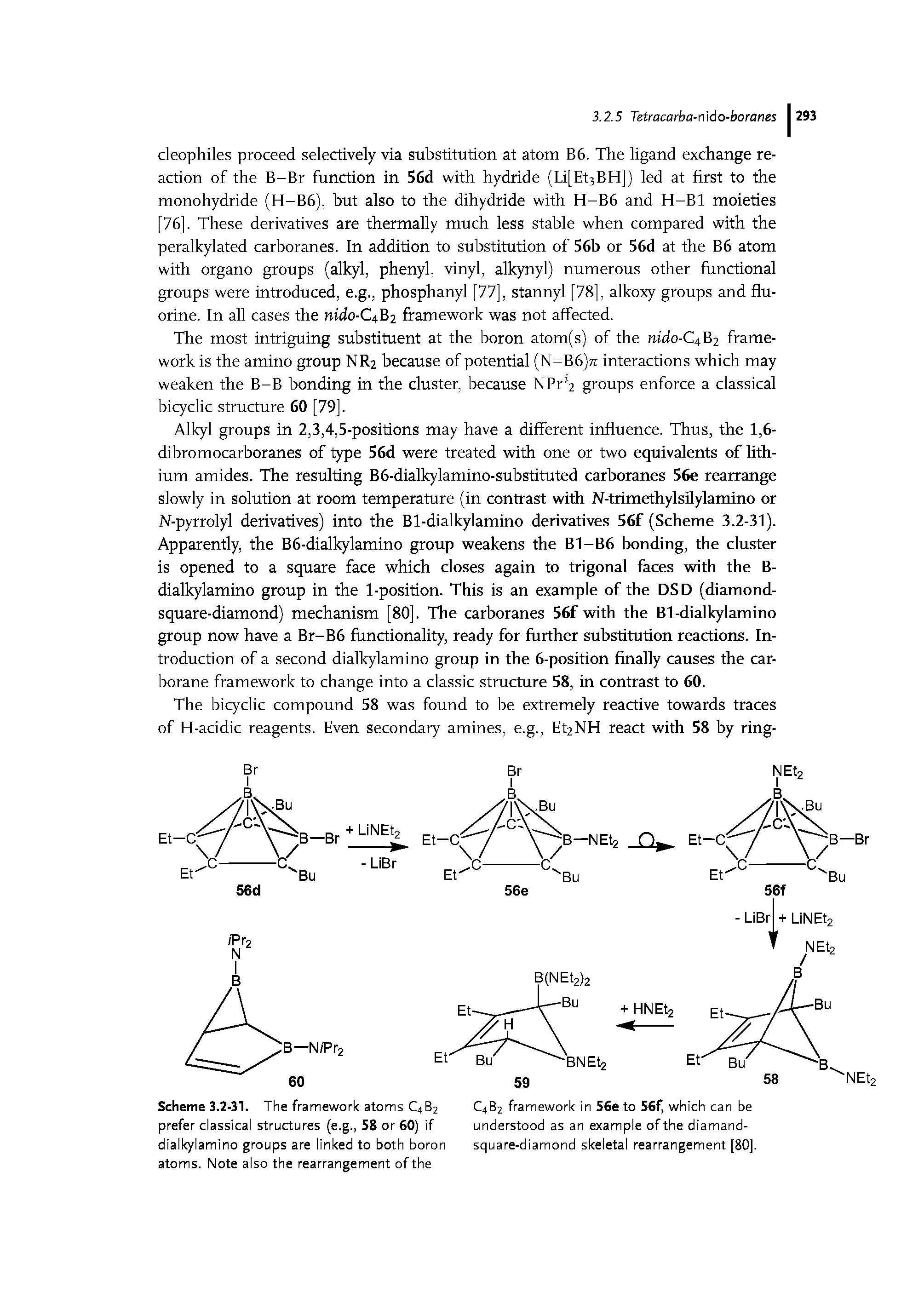 Scheme 3.2-31. The framework atoms C4B2 prefer classical structures (e.g., 58 or 60) if dialkylamino groups are linked to both boron atoms. Note also the rearrangement of the...