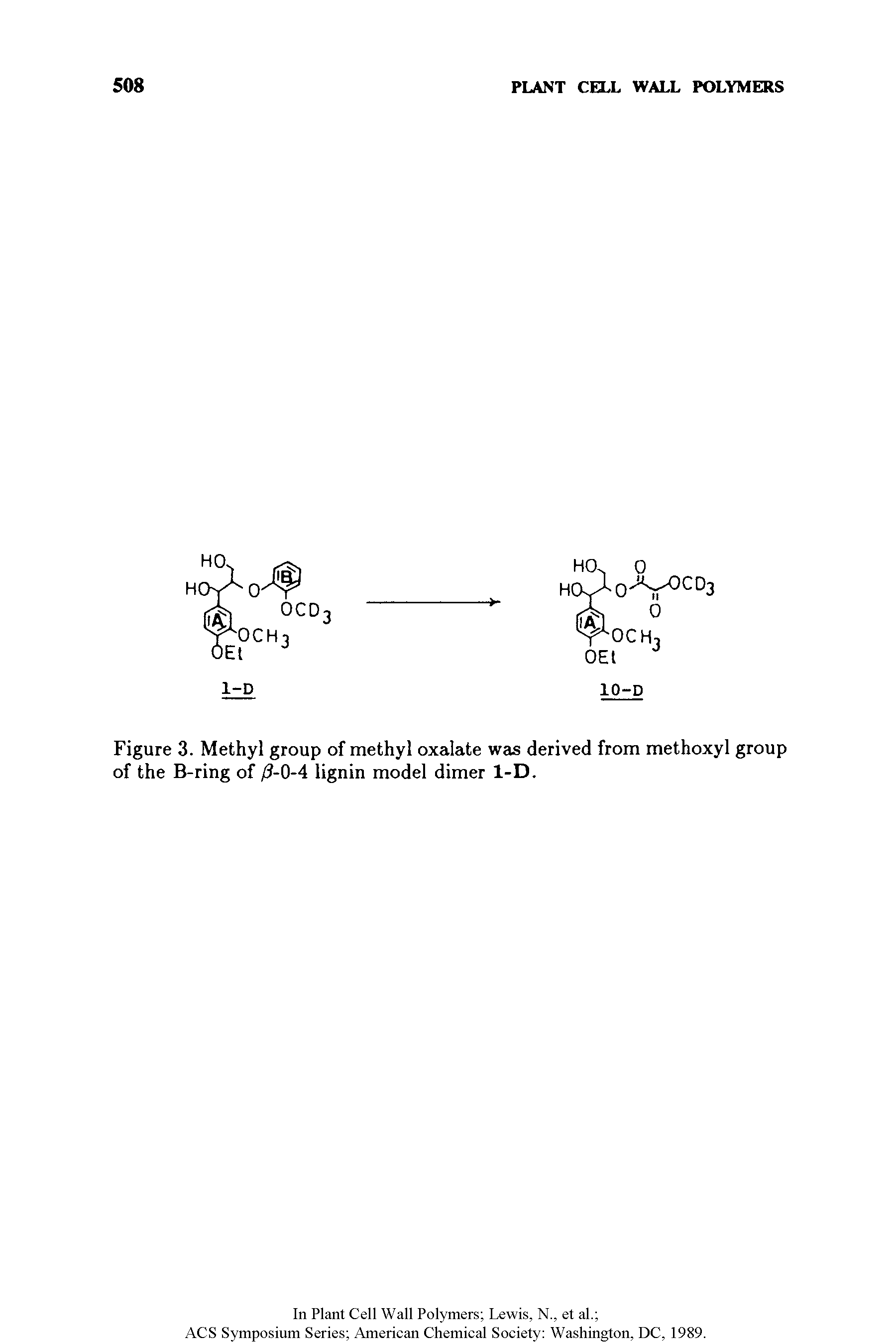 Figure 3. Methyl group of methyl oxalate was derived from methoxyl group of the B-ring of >3-0-4 lignin model dimer 1-D.