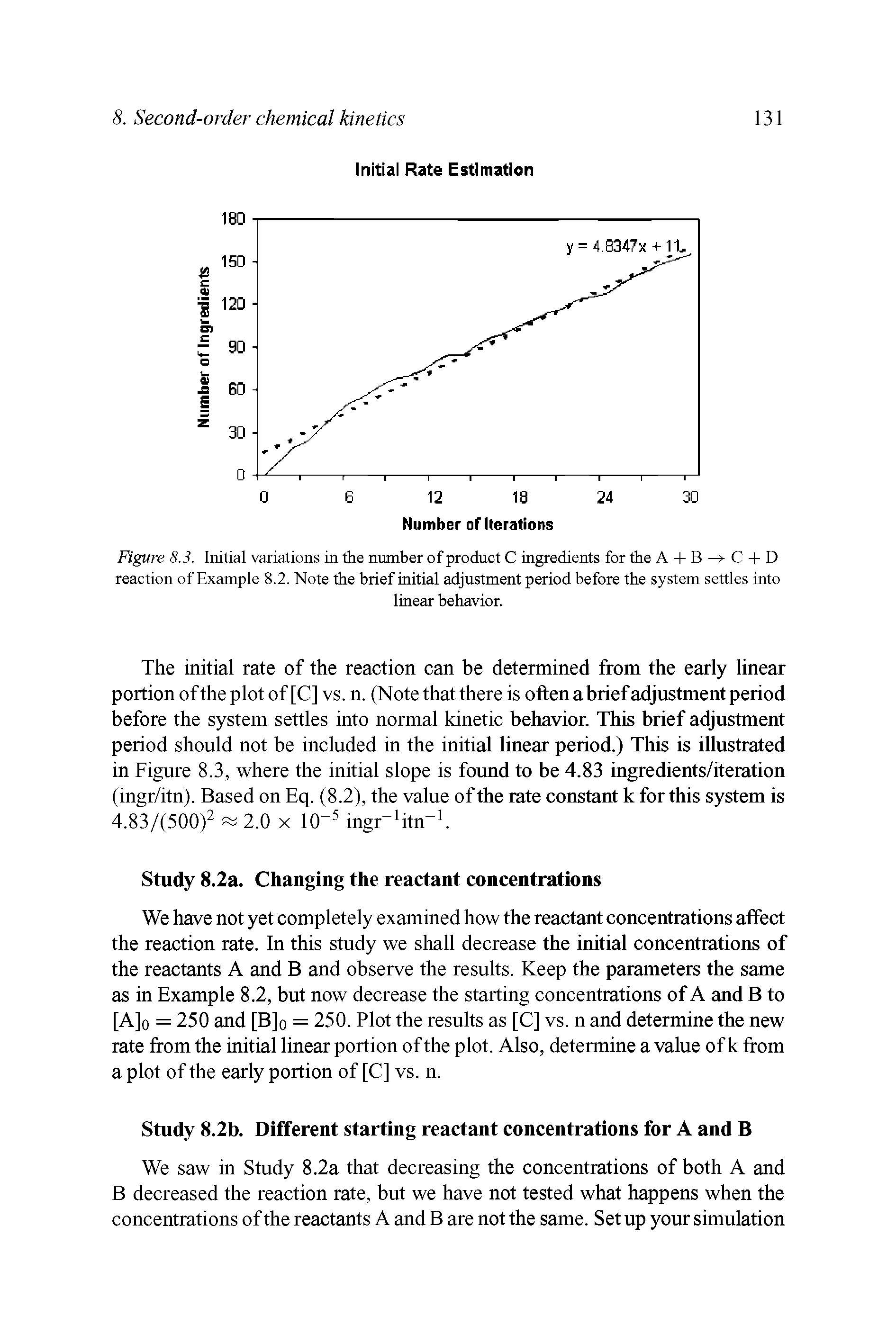 Figure 8.3. Initial variations in the number of product C ingredients for the A + B C + D reaction of Example 8.2. Note the brief initial adjustment period before the system settles into...