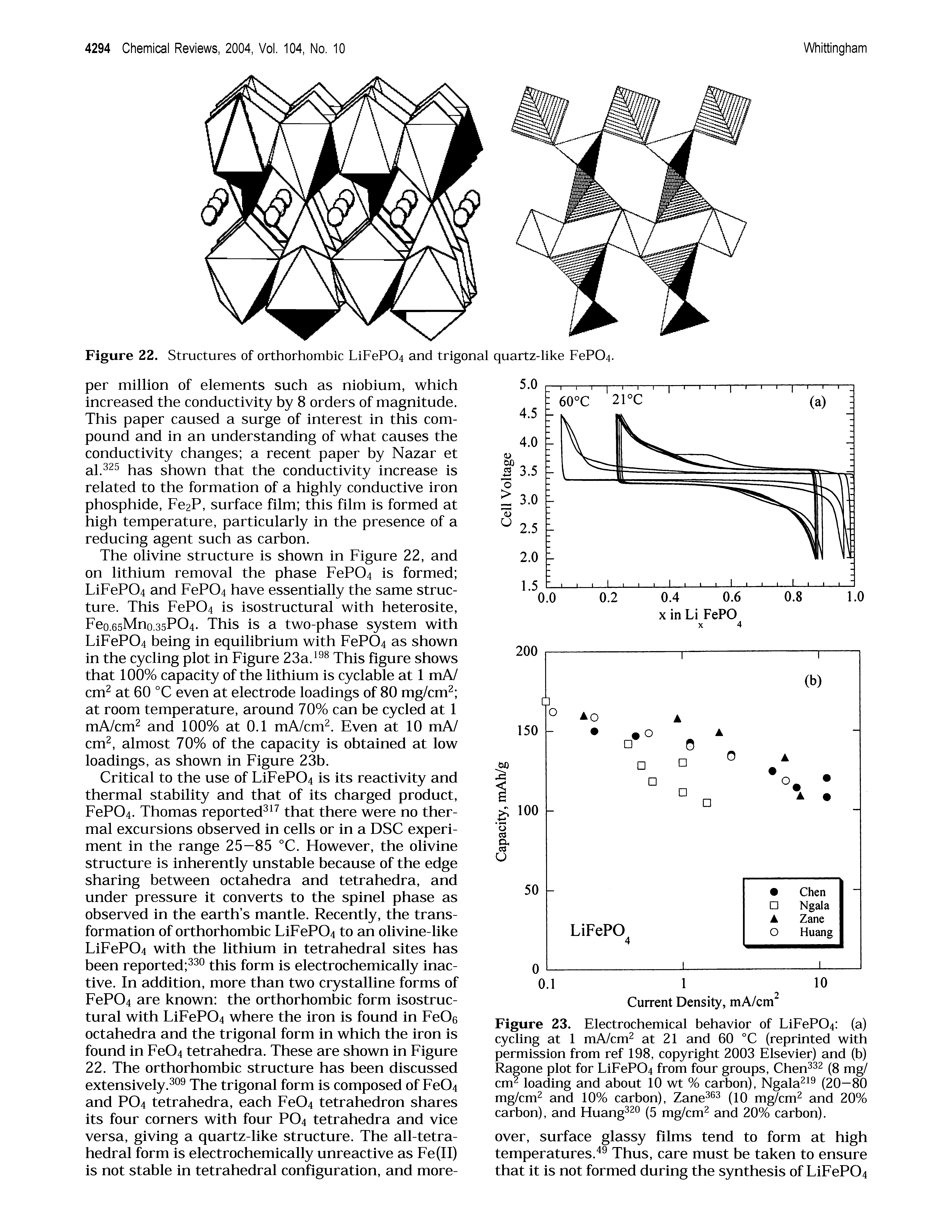 Figure 23. Electrochemical behavior of LiFeP04 (a) cycling at 1 mA/cm at 21 and 60 °C (reprinted with permission from ref 198, copyright 2003 Elsevier) and (b) Ragone plot for LiEeP04 from four groups, Chen (8 mg/ cm loading and about 10 wt % carbon), Ngala (20—80 mg/cm and 10% carbon), Zane (10 mg/cm and 20% carbon), and Huang (5 mg/cm and 20% carbon).