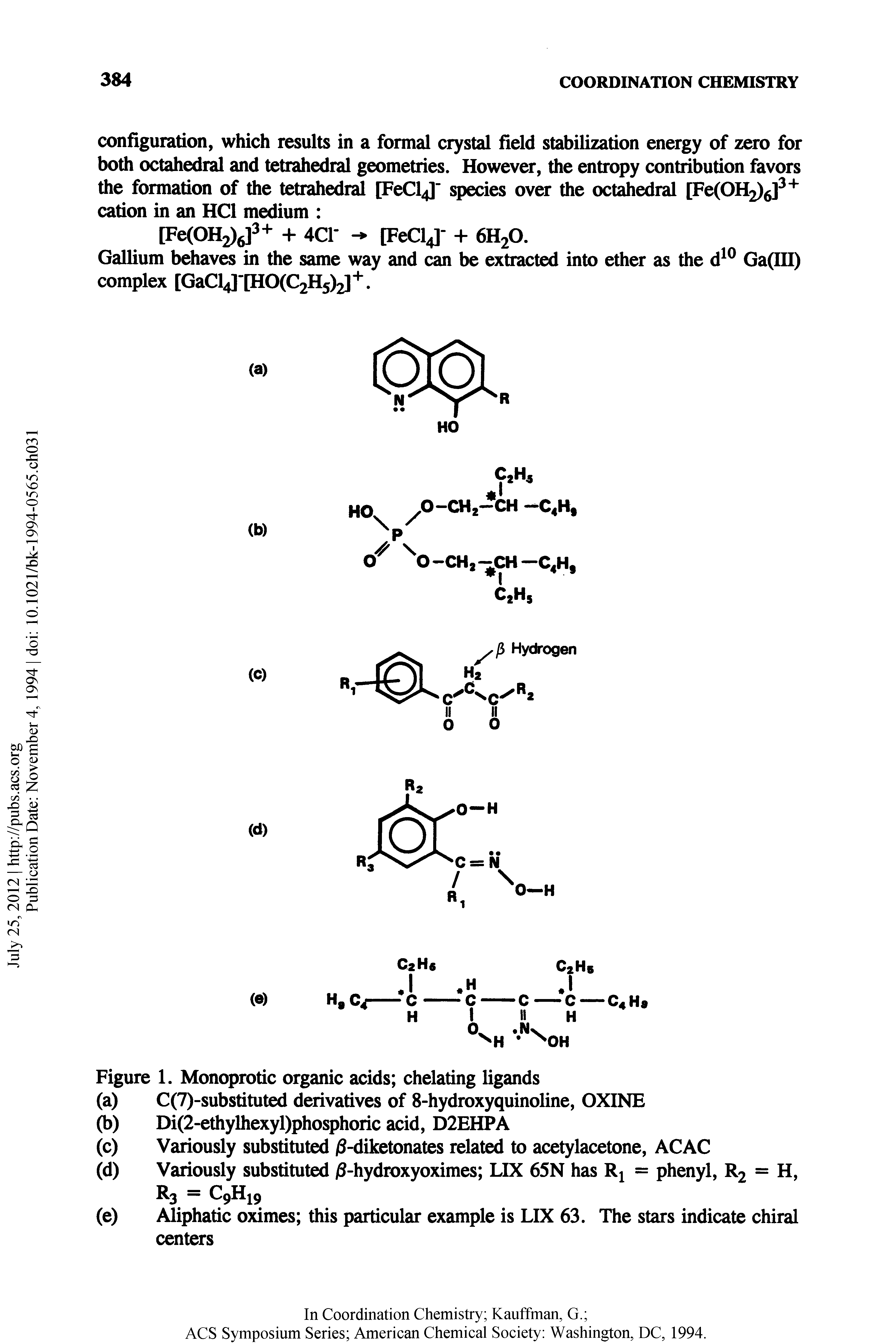 Figure 1. Monoprotic organic acids chelating ligands (a) C(7)-substituted derivatives of 8-hydroxyquinoline, OXINE Di(2-ethylhexyl)phosphoric acid, D2EHPA Variously substituted -diketonates related to acetylacetone, ACAC Variously substituted /S-hydroxyoximes LDC 65N has Rj = phenyl, R2 = H, R, ...