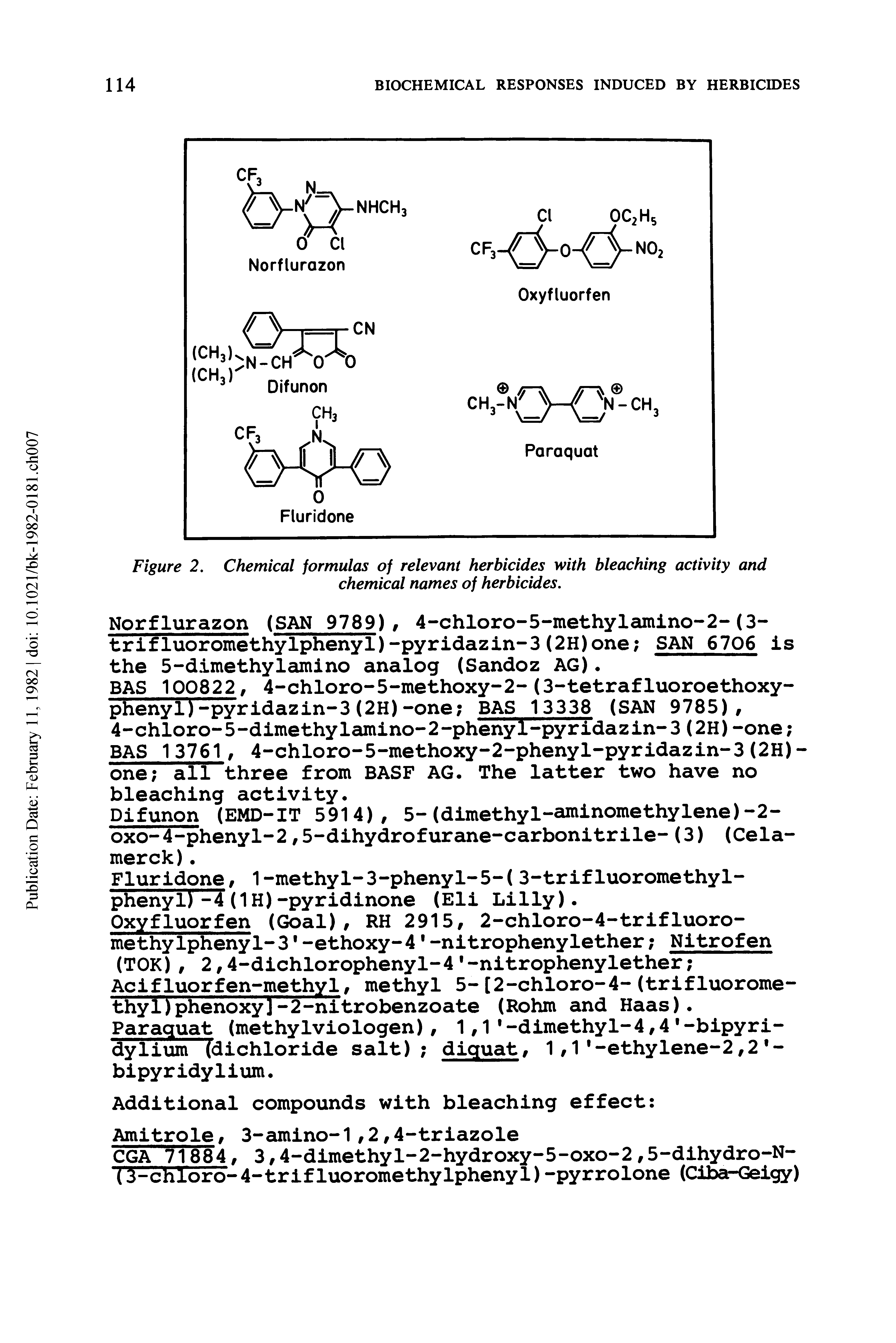 Figure 2. Chemical formulas of relevant herbicides with bleaching activity and chemical names of herbicides.