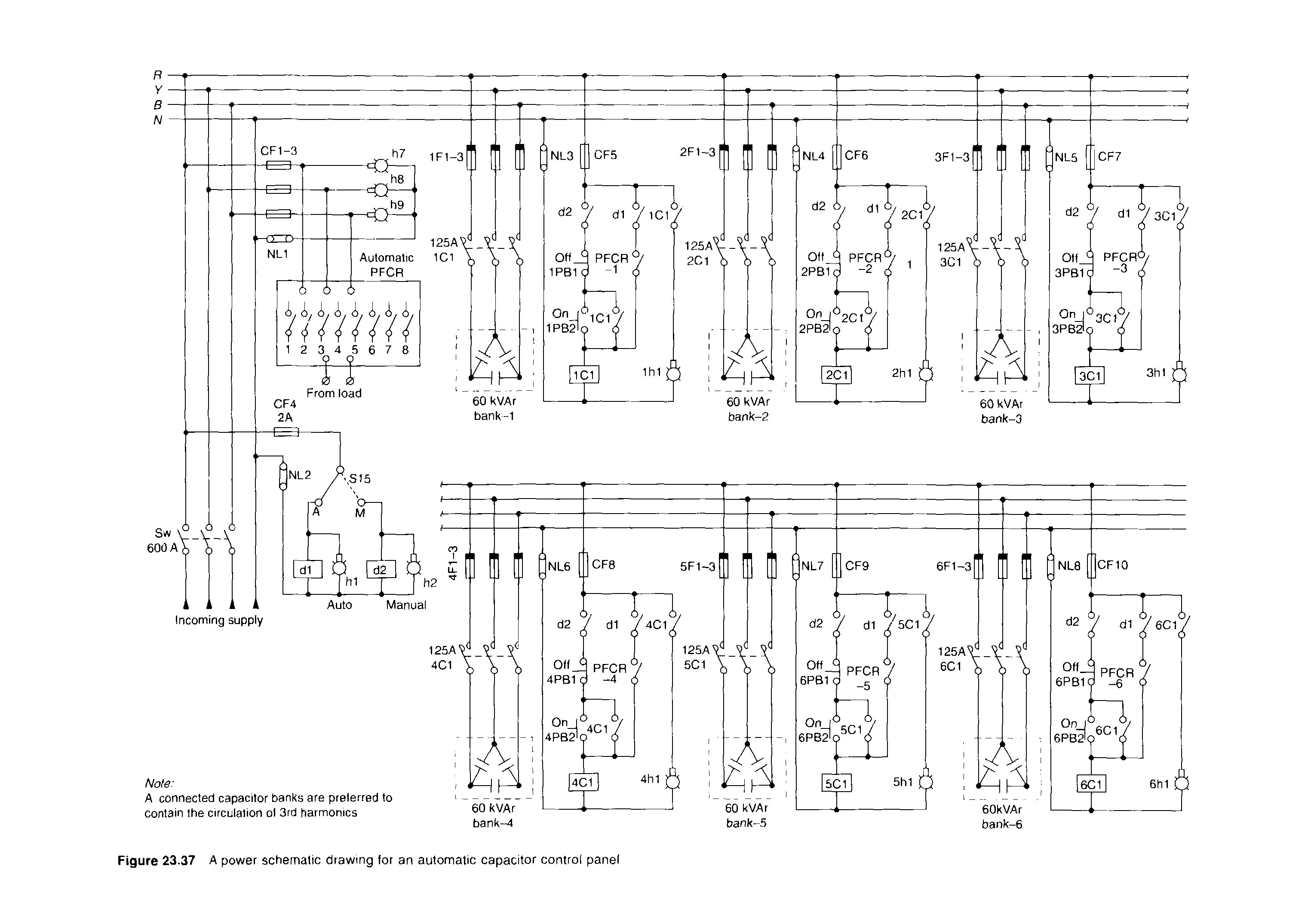 Figure 23.37 A power schematic drawing for an automatic capacitor control panel...
