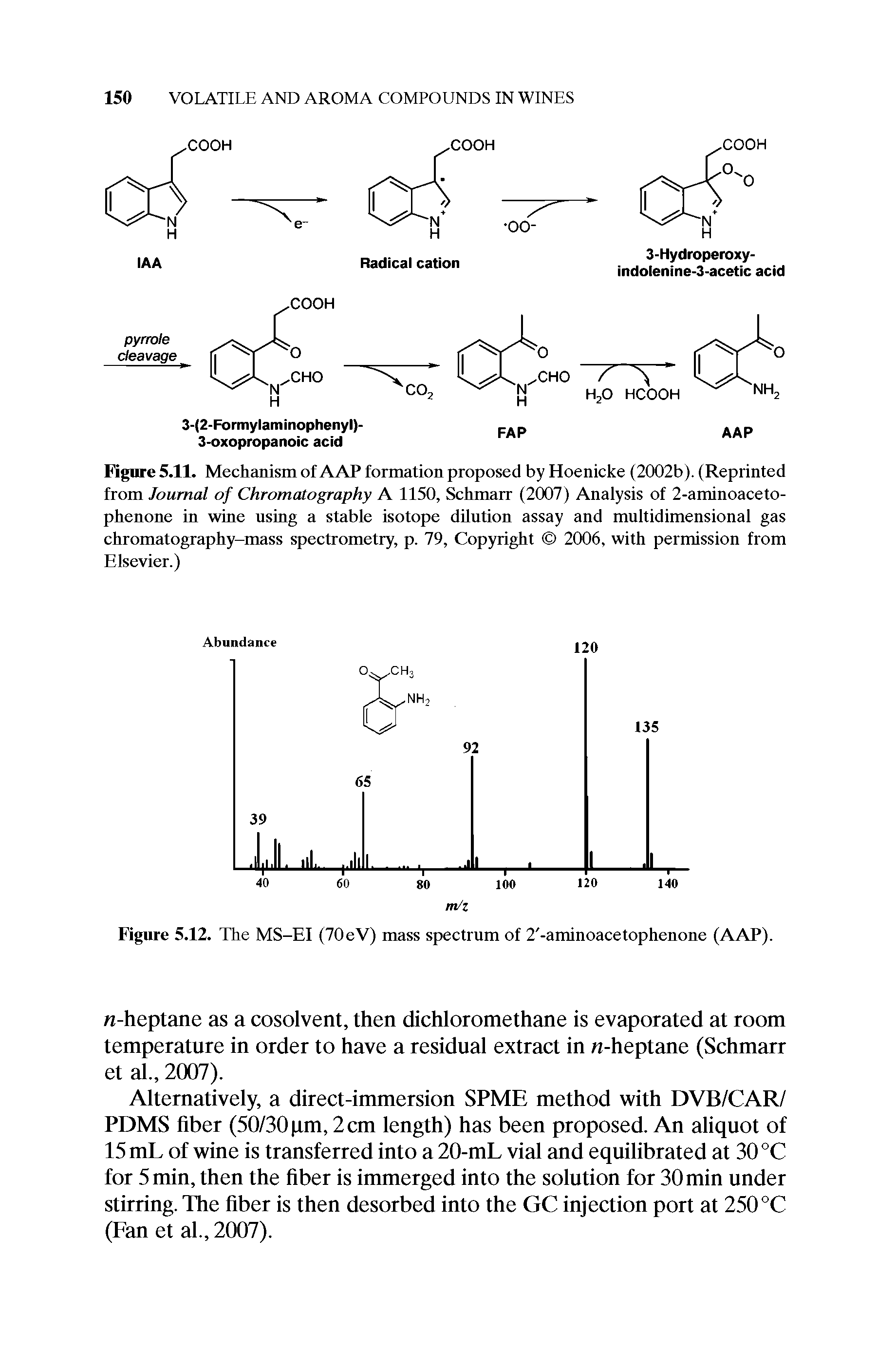 Figure 5.11. Mechanism of AAP formation proposed by Hoenicke (2002b). (Reprinted from Journal of Chromatography A 1150, Schmarr (2007) Analysis of 2-aminoaceto-phenone in wine using a stable isotope dilution assay and multidimensional gas chromatography-mass spectrometry, p. 79, Copyright 2006, with permission from Elsevier.)...