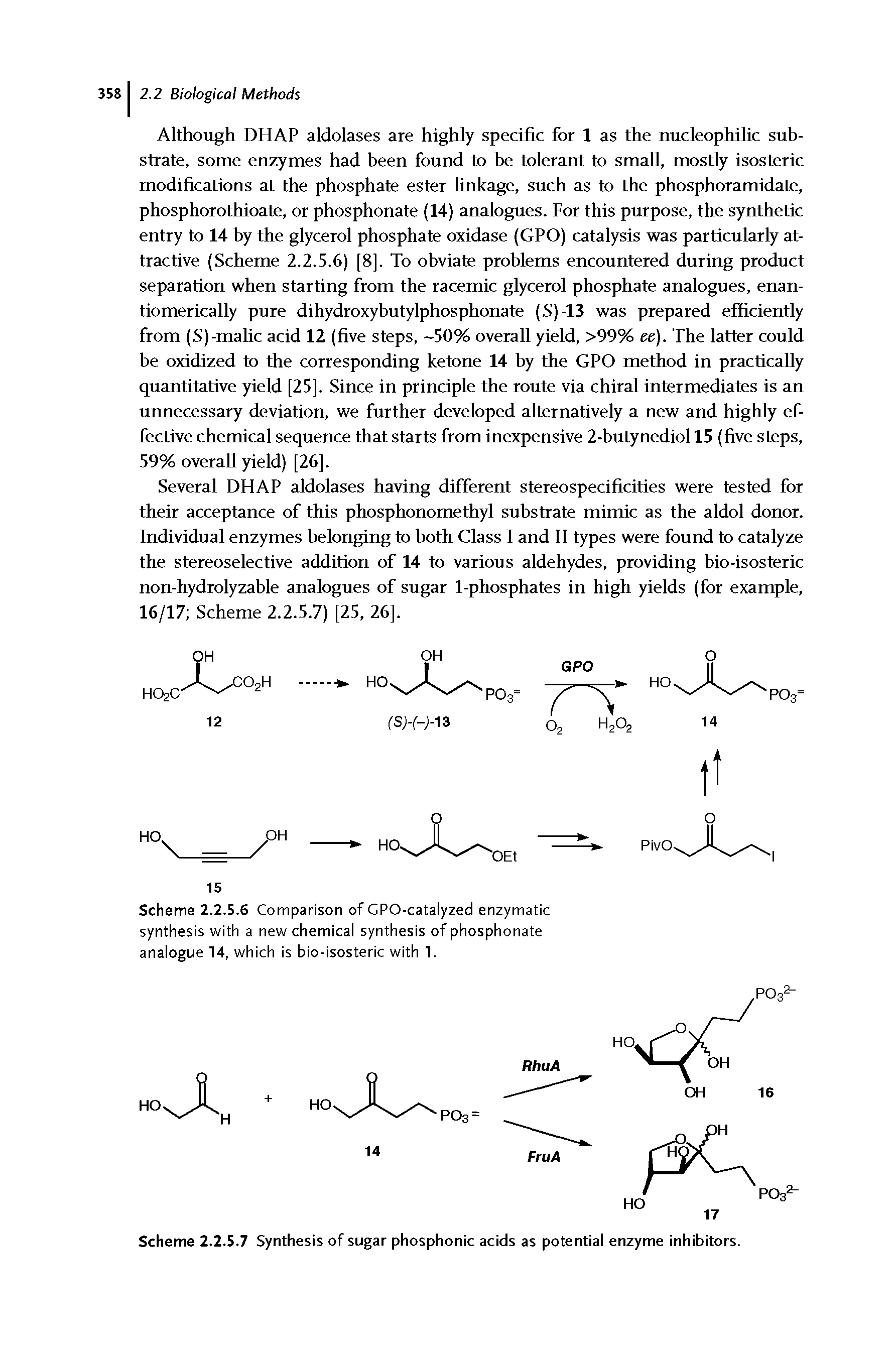 Scheme 2.2.5.6 Comparison of GPO-catalyzed enzymatic synthesis with a new chemical synthesis of phosphonate analogue 14, which is bio-isosteric with 1.