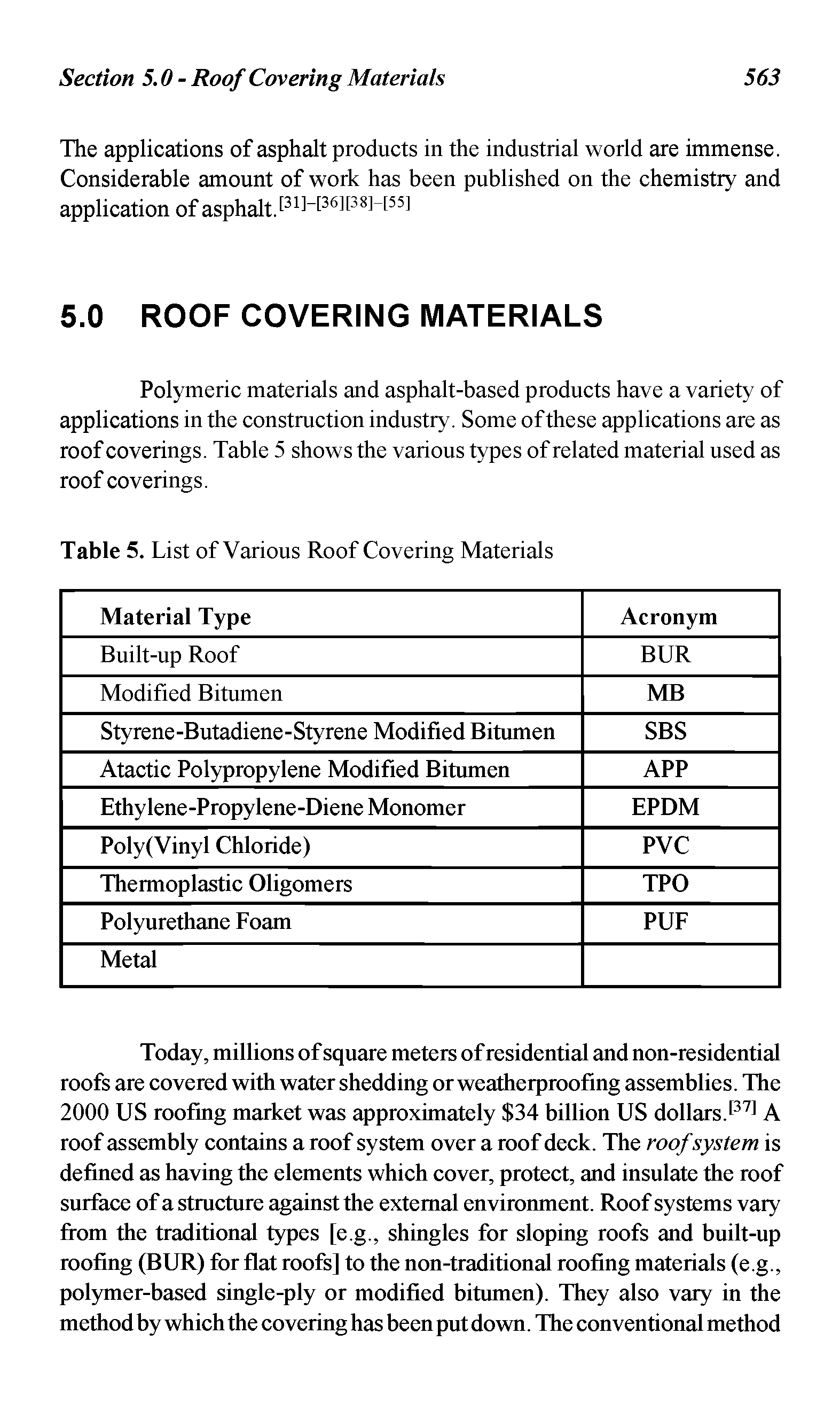 Table 5. List of Various Roof Covering Materials...