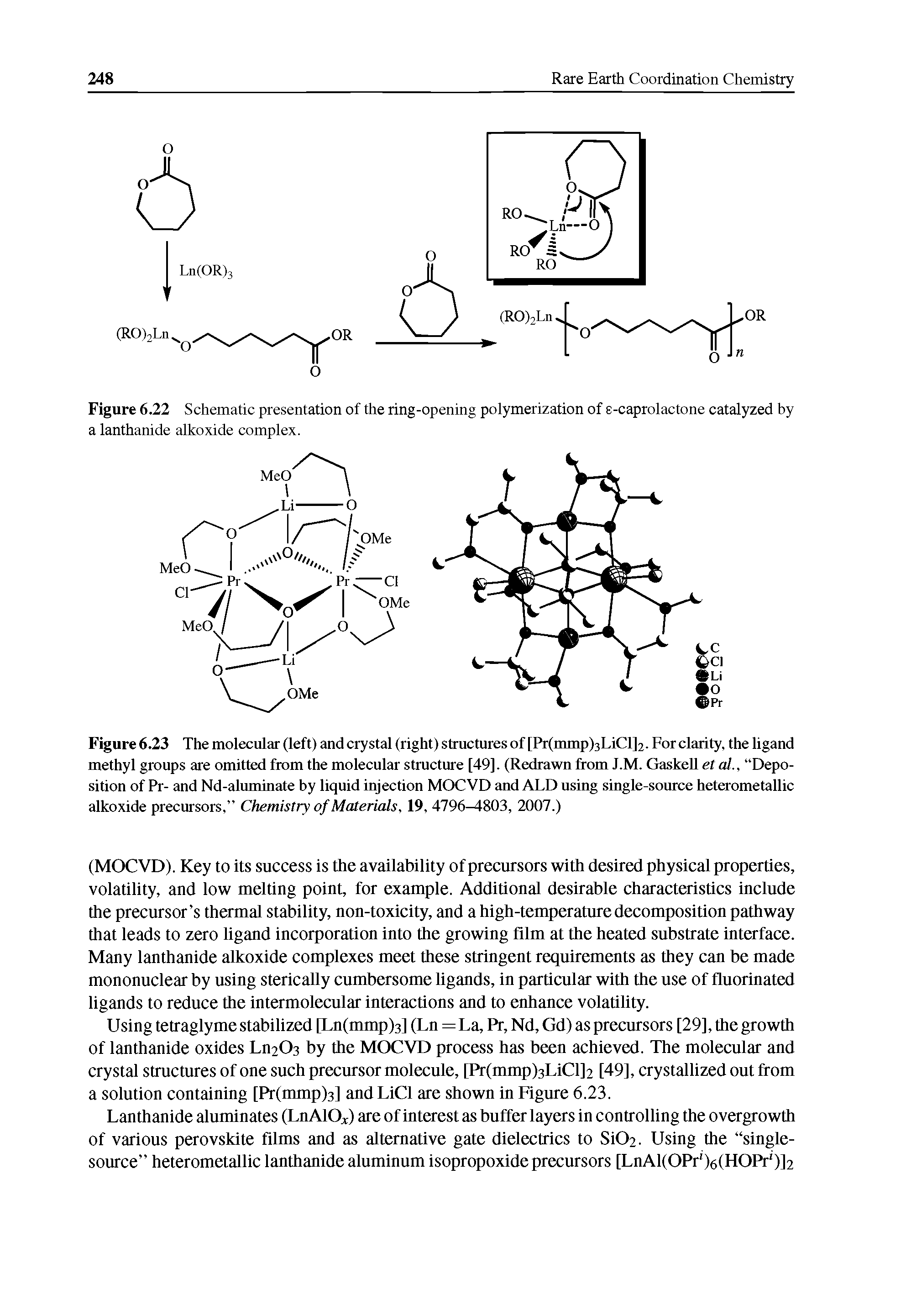 Figure 6.23 The molecular (left) and crystal (right) structures of [Pr(mmp)3LiCl]2. For clarity, the ligand methyl groups are omitted from the molecular structure [49]. (Redrawn from J.M. Gaskell et al., Deposition of Pr- and Nd-almninate by liquid injection MOCVD and ALD using single-som-ce heterometallic alkoxide precursors, Chemistry of Materials, 19, 4796 803, 2007.)...