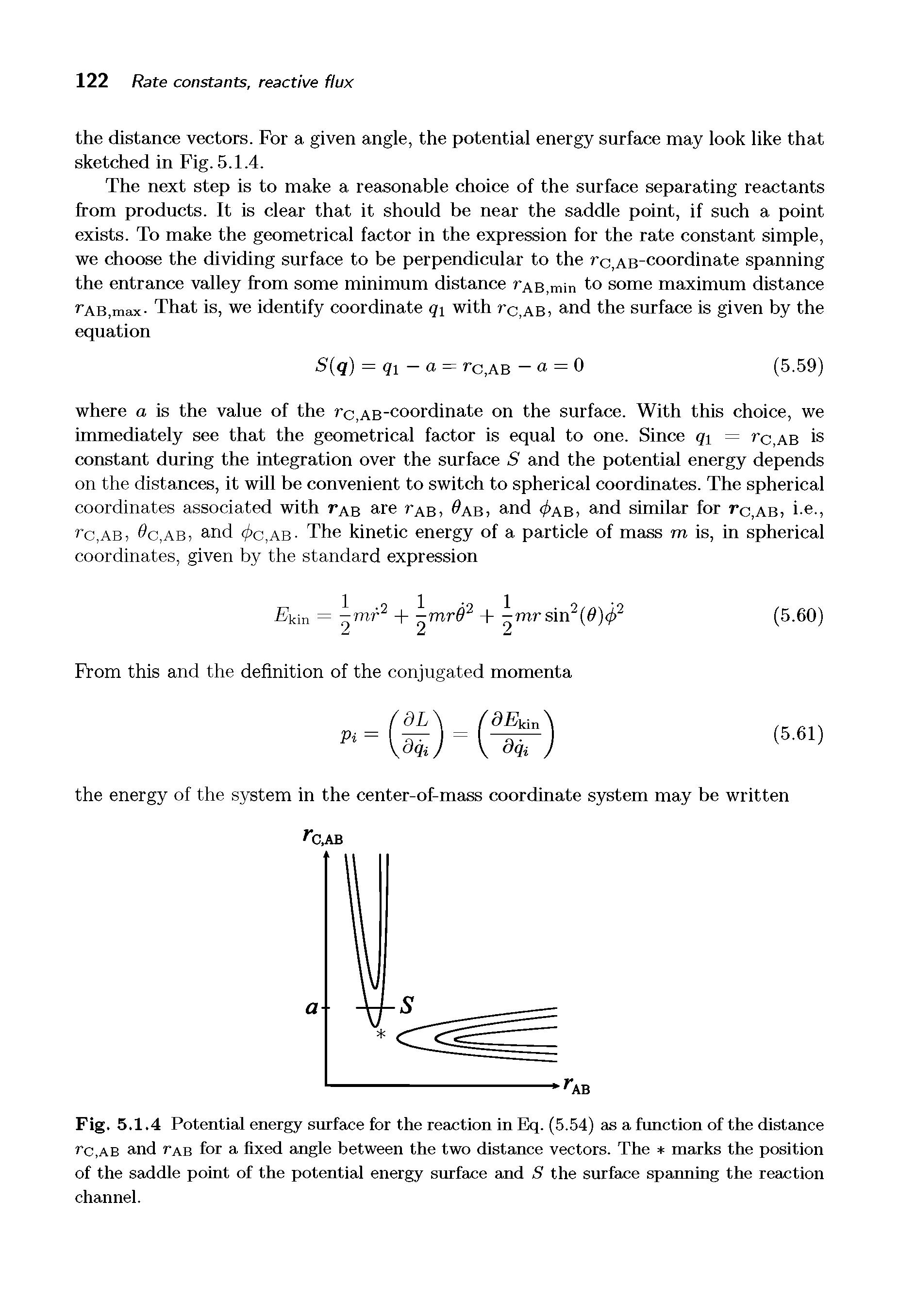 Fig. 5.1.4 Potential energy surface for the reaction in Eq. (5.54) as a function of the distance y c.AB and tab for a fixed angle between the two distance vectors. The marks the position of the saddle point of the potential energy surface and S the surface spanning the reaction channel.