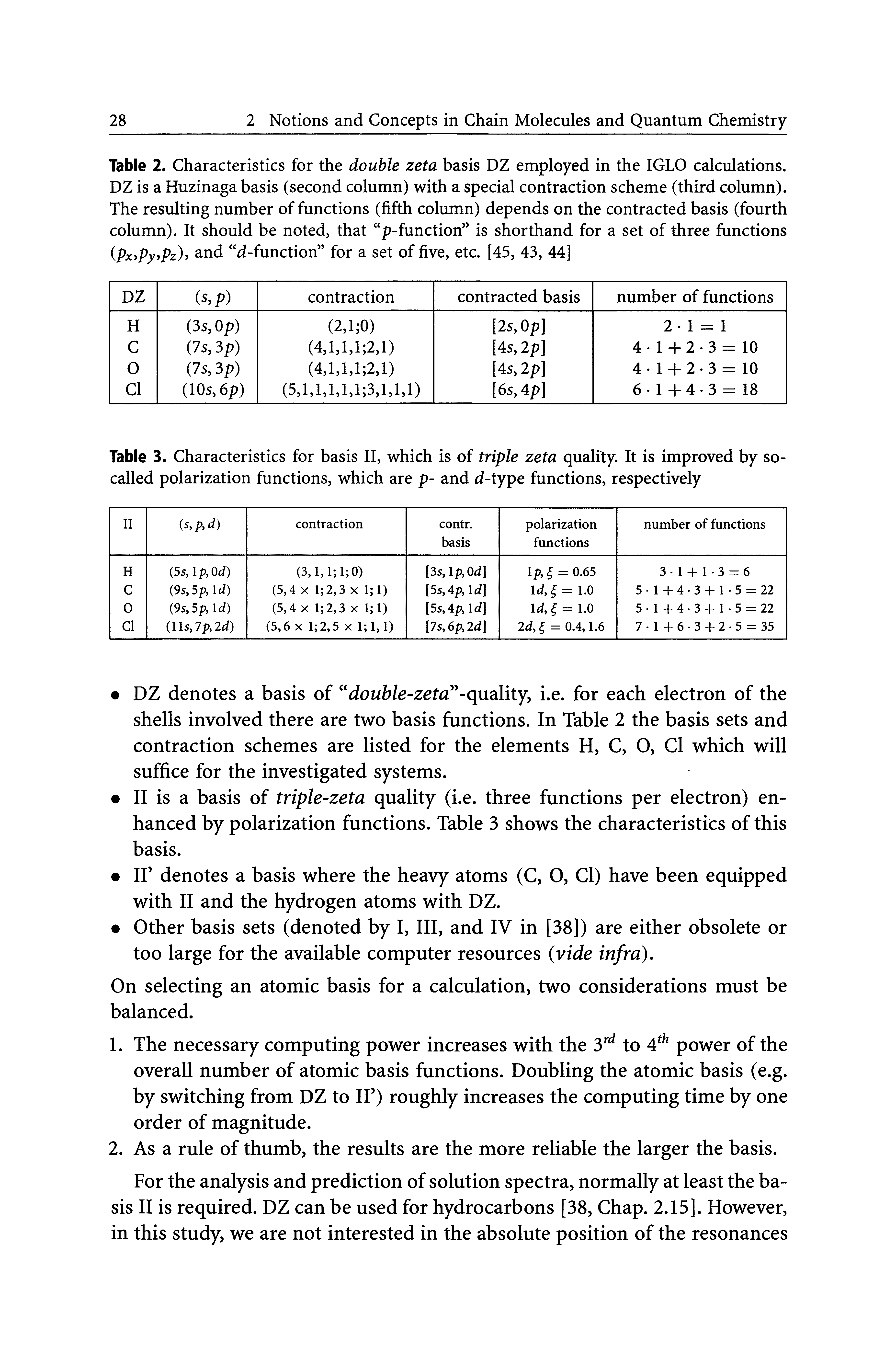 Table 2. Characteristics for the double zeta basis DZ employed in the IGLO calculations. DZ is a Huzinaga basis (second column) with a special contraction scheme (third column). The resulting number of functions (fifth column) depends on the contracted basis (fourth column). It should be noted, that p-function is shorthand for a set of three functions ipxypyypz)y and d-function for a set of five, etc. [45, 43, 44]...