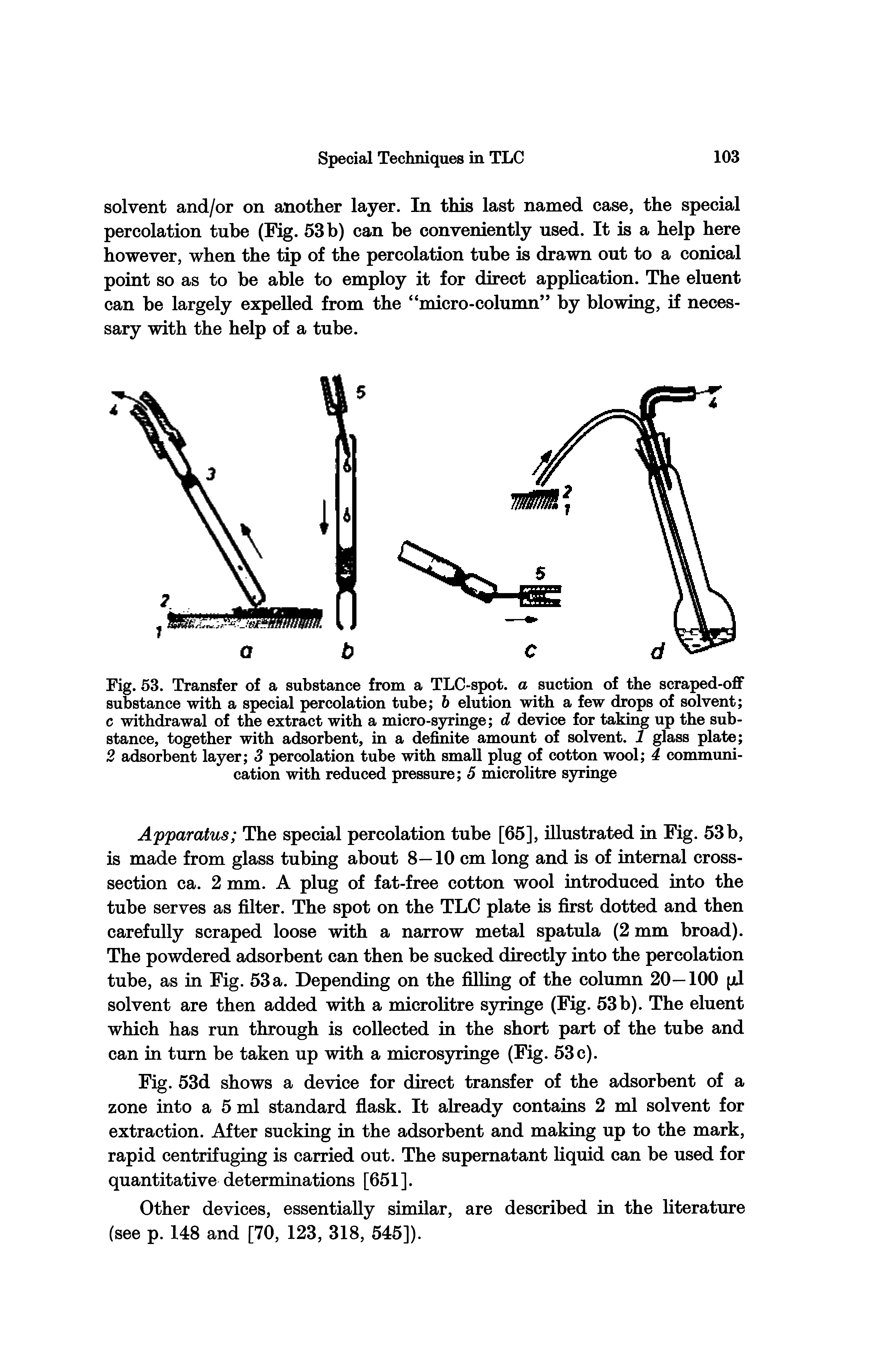 Fig. 63. Transfer of a substance from a TLC-spot. a suction of the scraped-off substance with a special percolation tube 6 elution with a few drops of solvent c withdrawal of the extract with a micro-syringe d device for taking up the substance, together with adsorbent, in a definite amount of solvent. 1 glass plate 2 adsorbent layer S percolation tube with small plug of cotton wool 4 communication with reduced pressure 5 microlitre syringe...