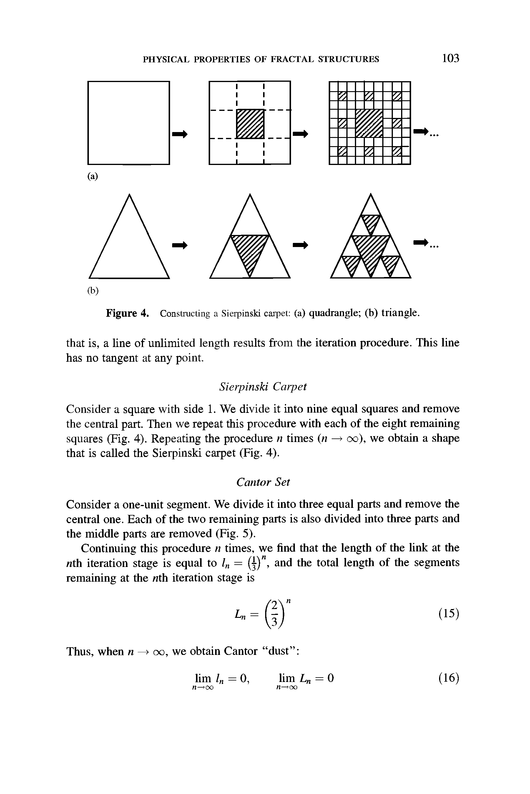 Figure 4. Constructing a Sierpinski carpet (a) quadrangle (b) triangle.